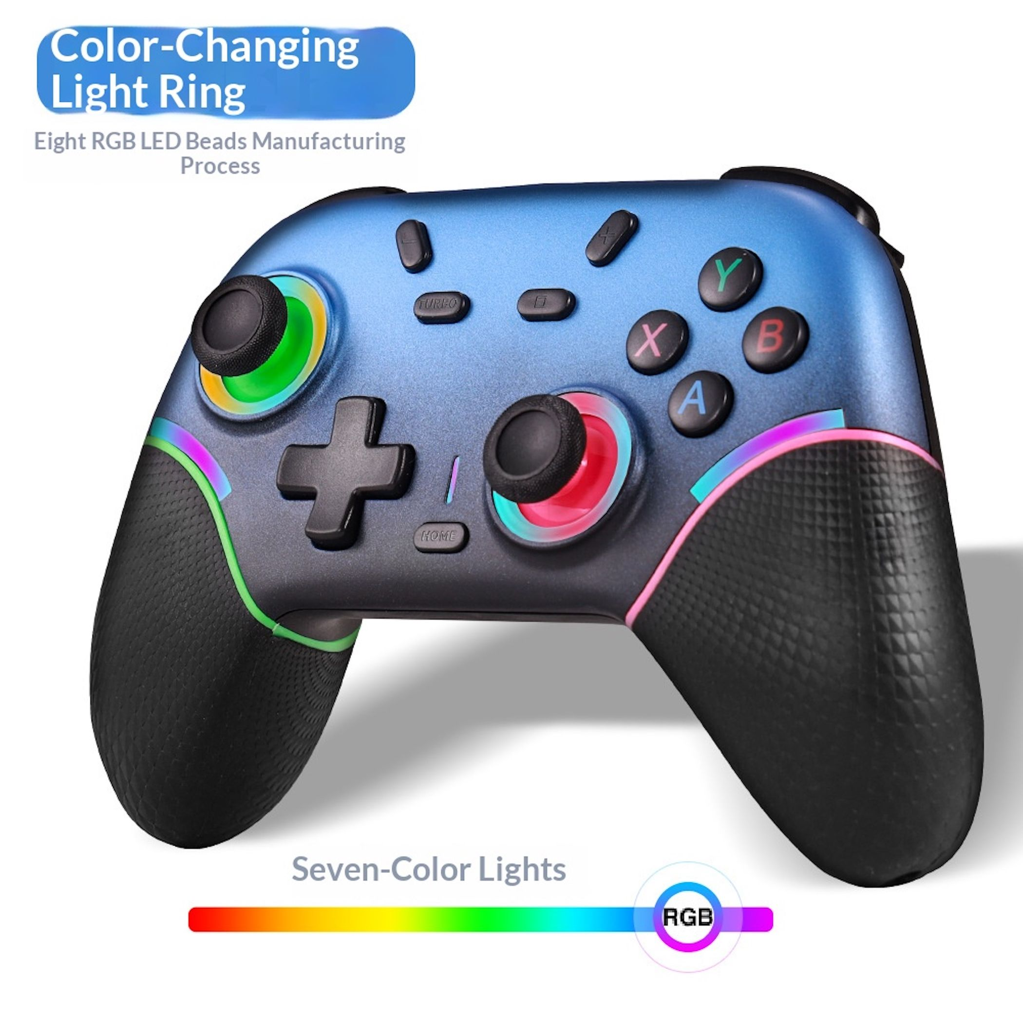 Ein blauer Gamepad mit bunten, leuchtenden RGB-Ringen um die Joysticks und strukturierten schwarzen Griffen.
