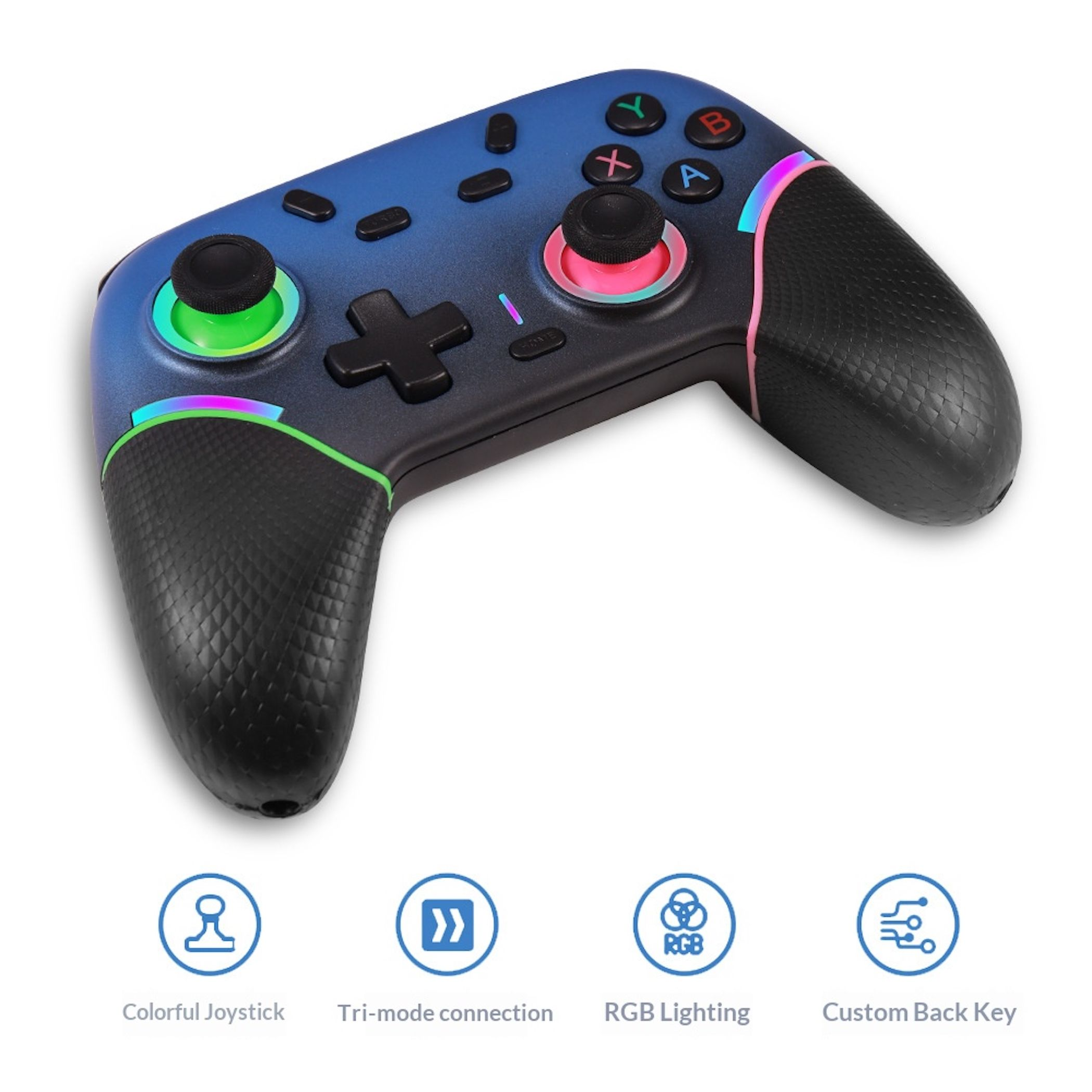 Ein blauer und schwarzer Gaming-Controller mit RGB-Beleuchtung und Texturgriffen auf weißem Hintergrund.