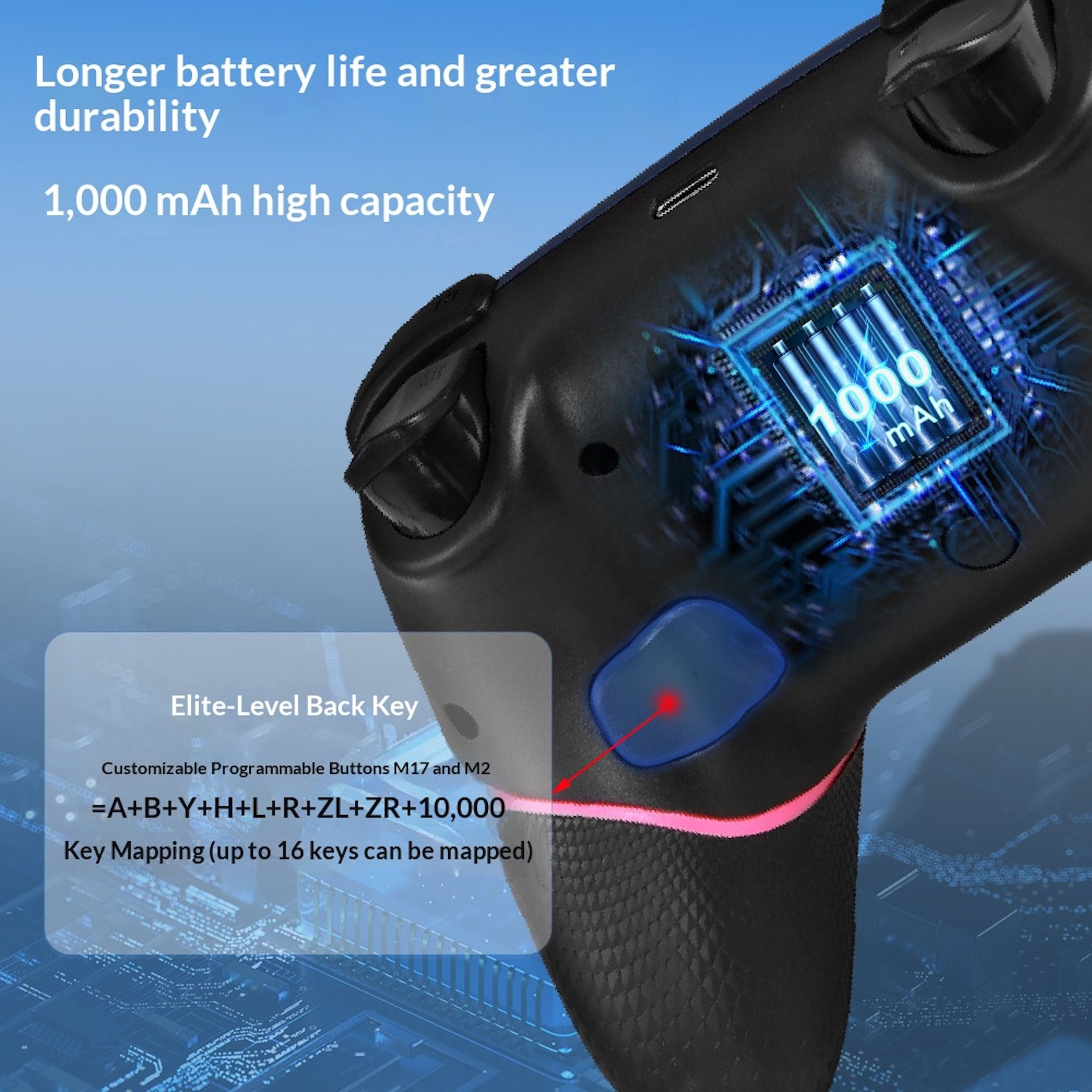Schwarzer Controller mit 1000 mAh Akku und programmierbaren Tasten.