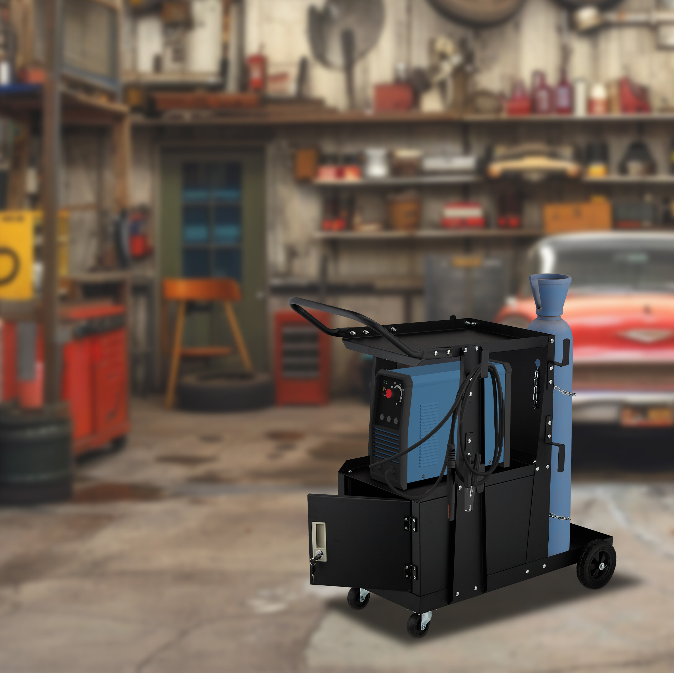 Ein schwarzer Schweißwagen mit blauem Schweißgerät und Gasflasche in einer Garage.