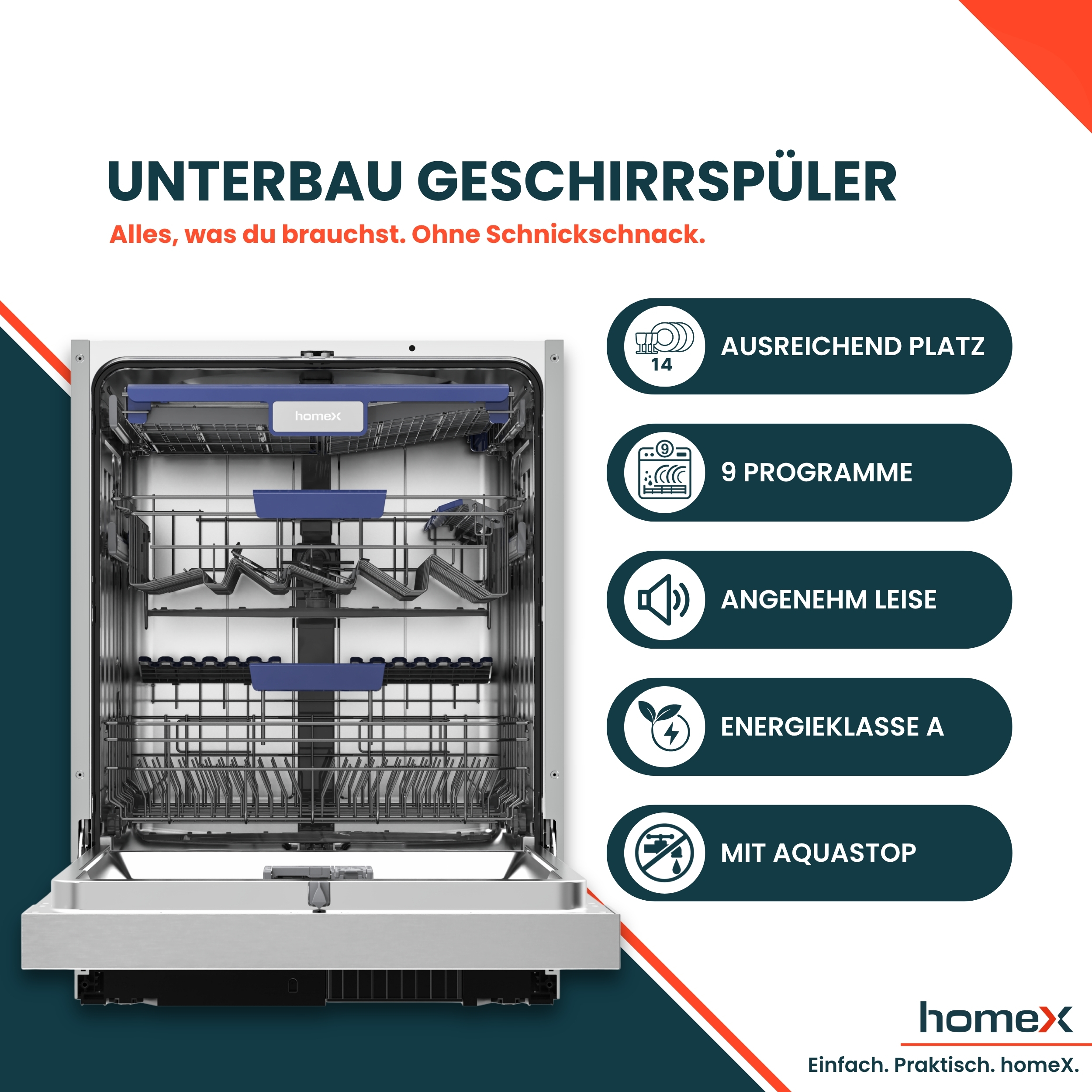 Unterbaugeschirrspüler mit geöffneter T ür und fünf Infofeldern über Produktfeatures.