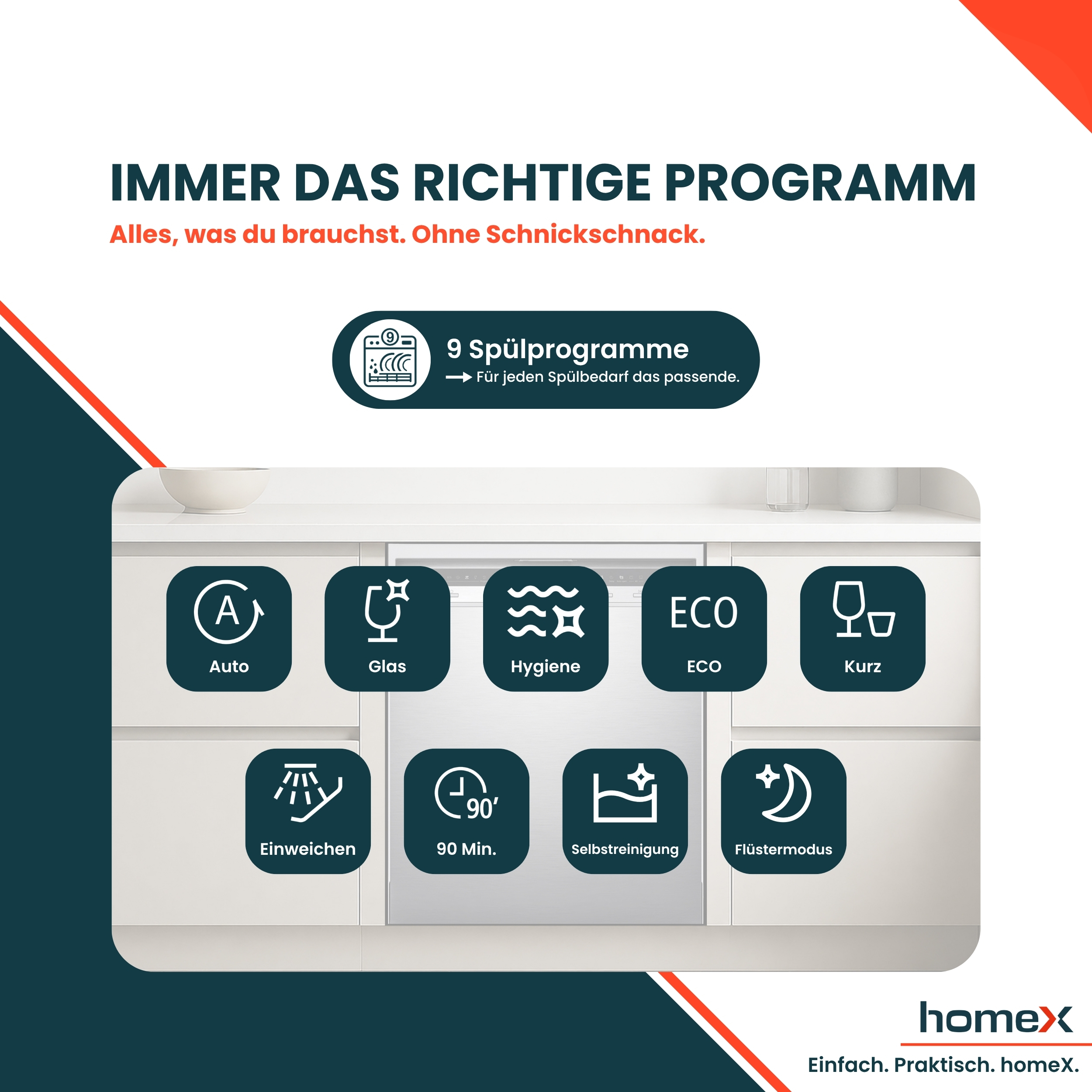Werbebild für Homex Geschirrspüler mit neun verschiedenen Spülprogrammen und weißem Küchendesign.