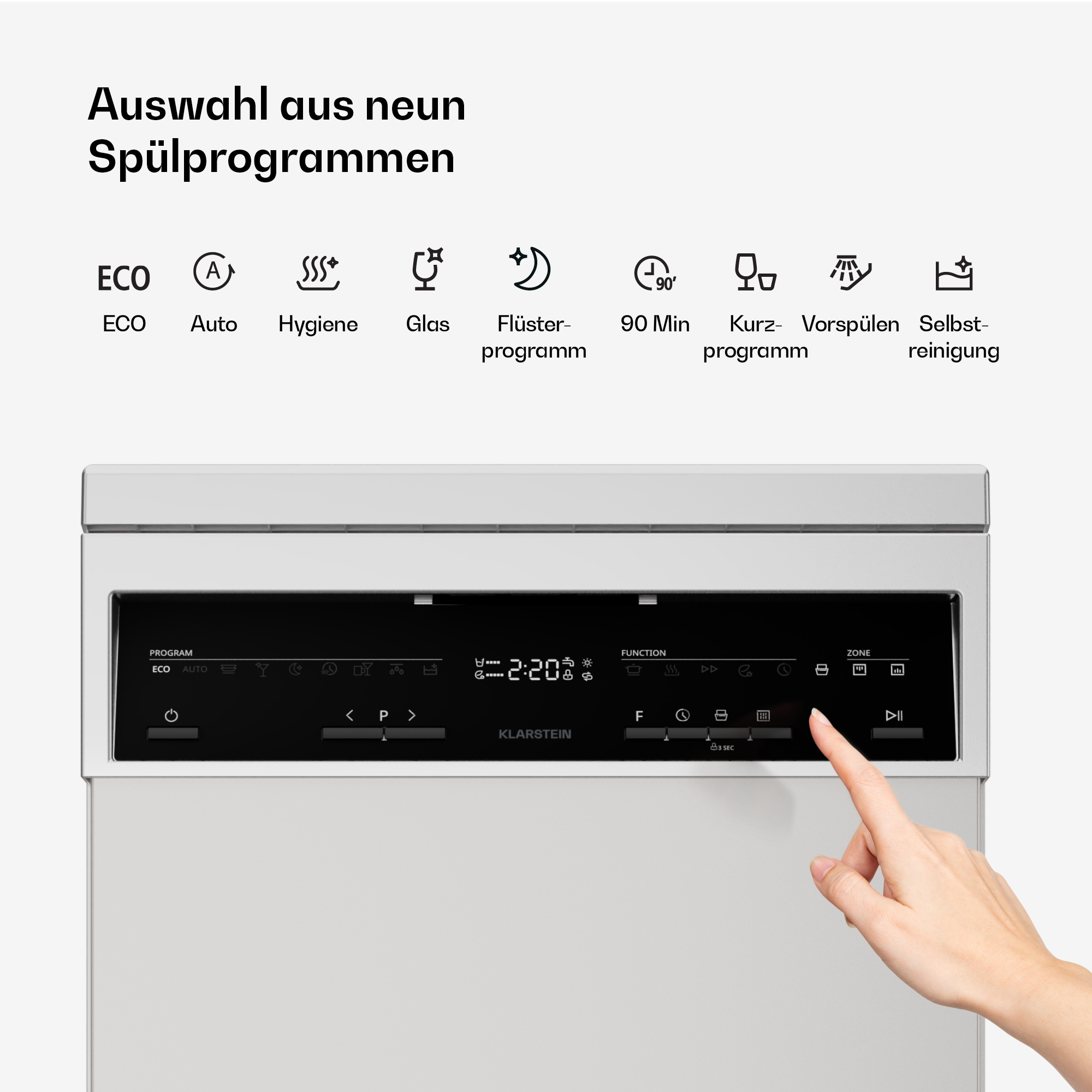 Hand bedient das Touch-Bedienfeld einer Spülmaschine mit neun Programmsymbolen.
