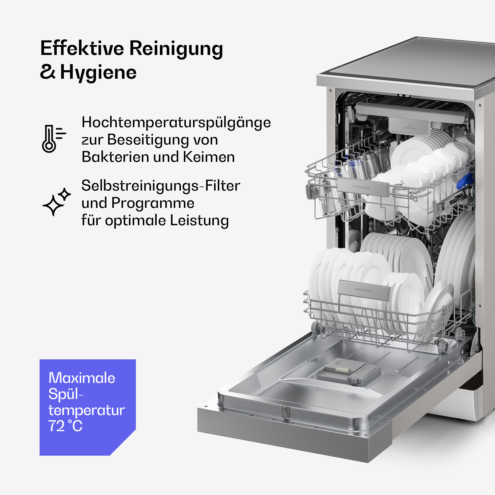 Geöffnete Spülmaschine mit Geschirr und Reinigungsinfos.