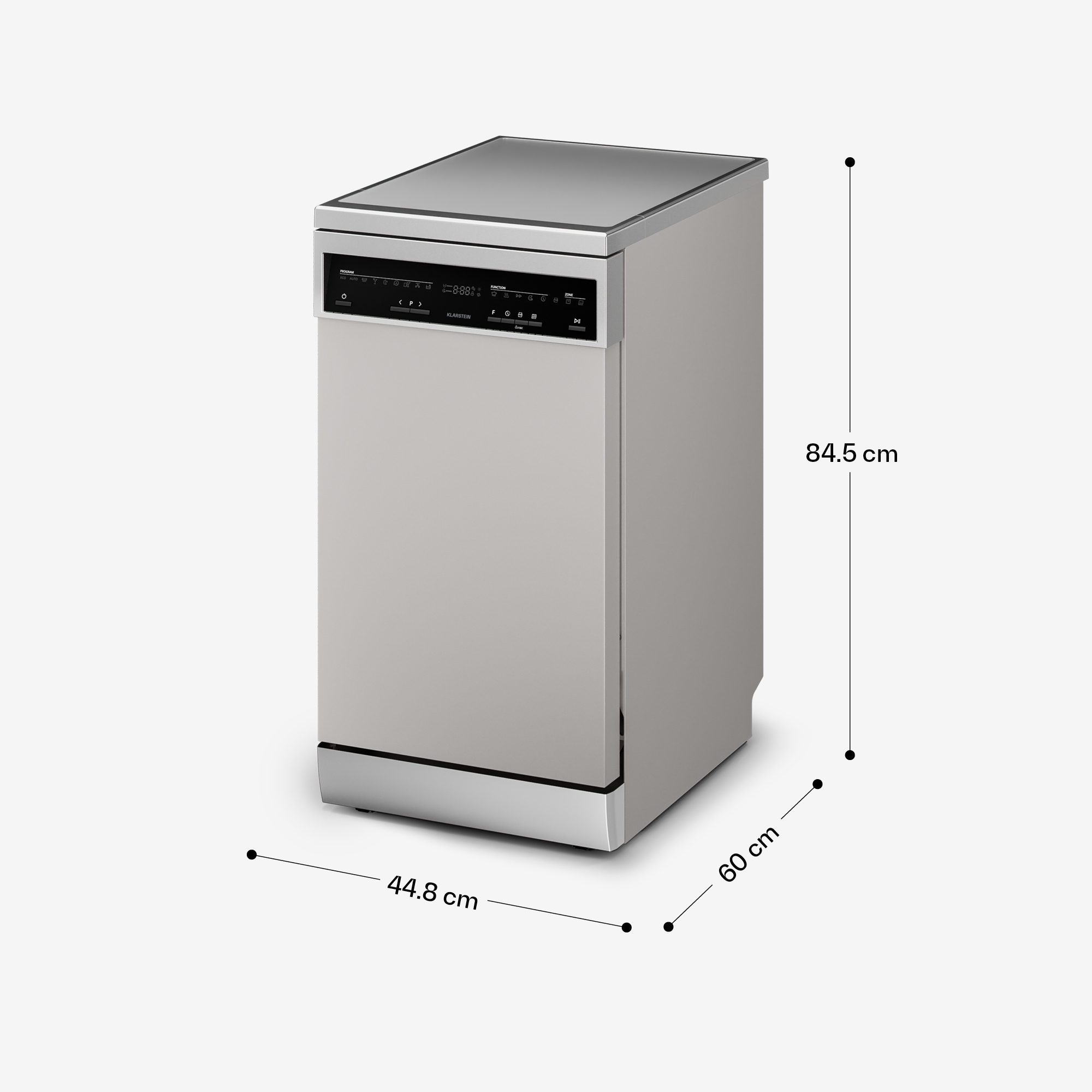 Silberner Geschirrspüler mit Maßen: Höhe 84,5 cm, Breite 44,8 cm, Tiefe 60 cm.