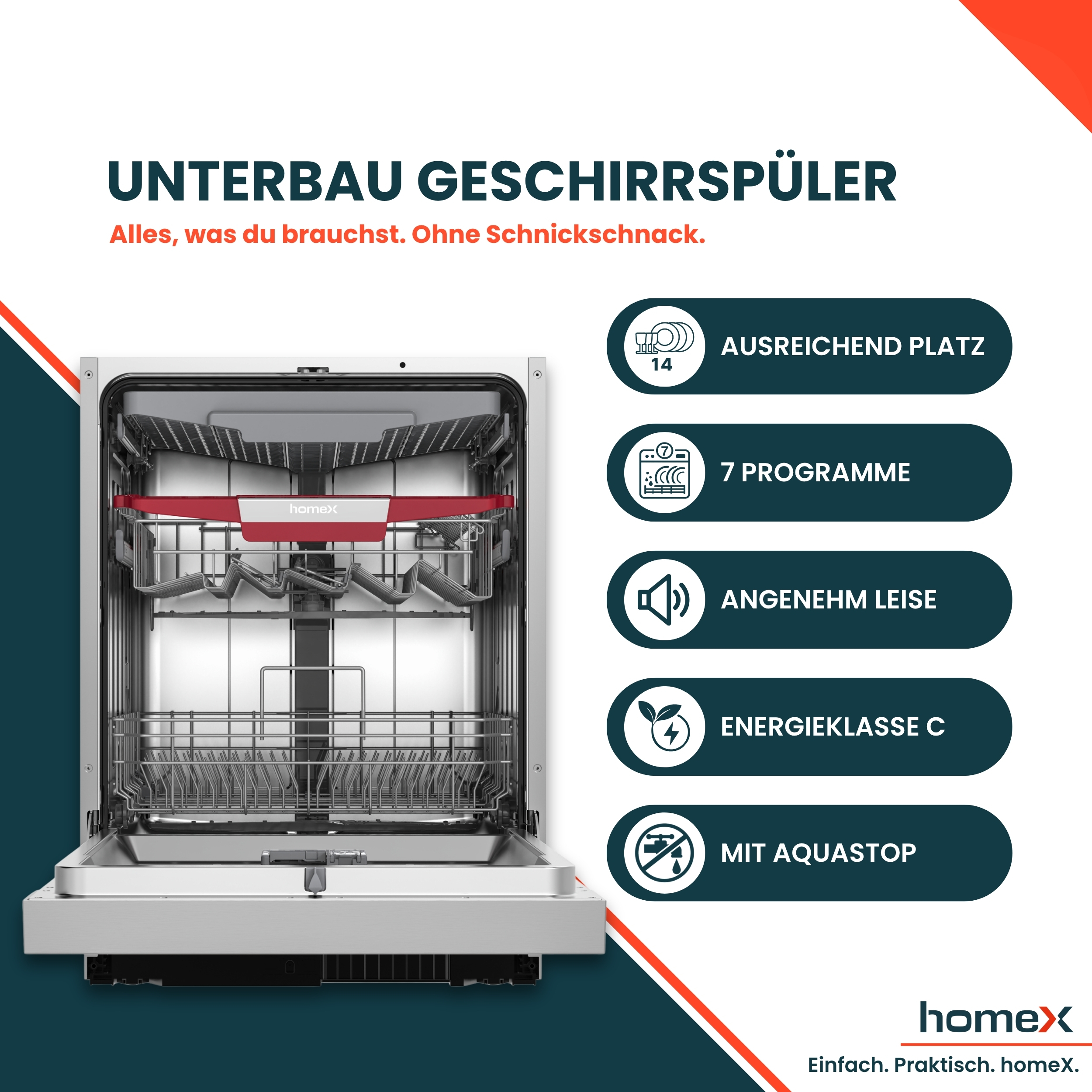 Unterbaugeschirrspüler mit offenen Körben und fünf Produktvorteilen auf dunklem Hintergrund.
