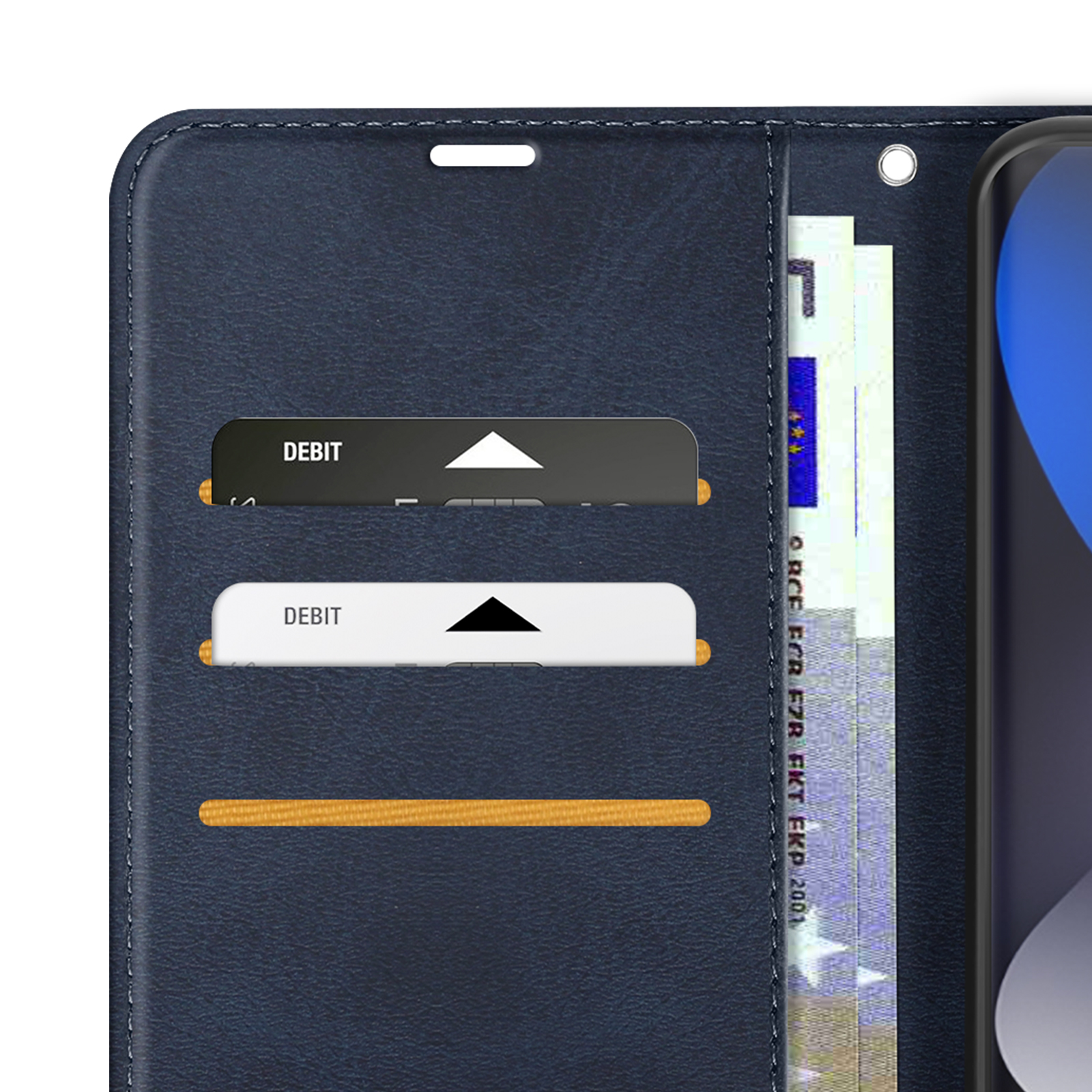 Ein dunkelblauer Leder-Handyhalter mit zwei Kartenfächern, Geldscheinen und einem Smartphone auf der rechten Seite.