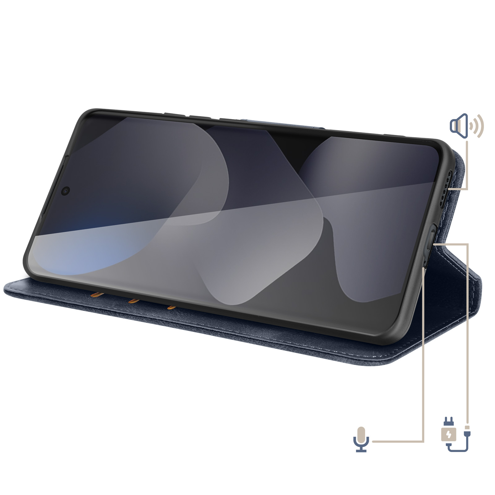 Ein Smartphone in blauer Ledertasche steht horizontal, mit Diagrammen zu Lautsprecher, Ladeanschluss und Mikrofon.