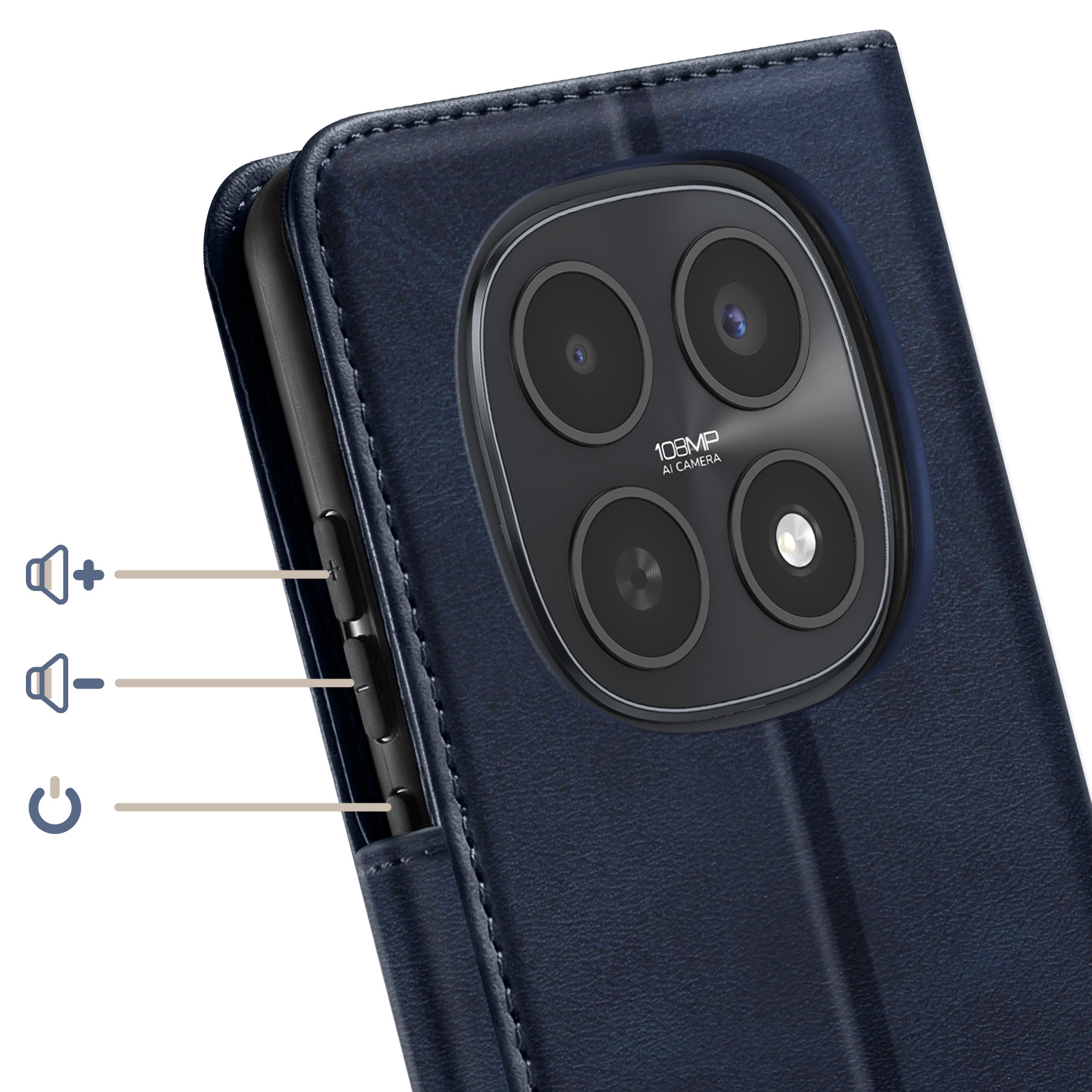 Blaues Smartphone in Ledertasche mit Quad-Kamera und seitlichen Tasten.