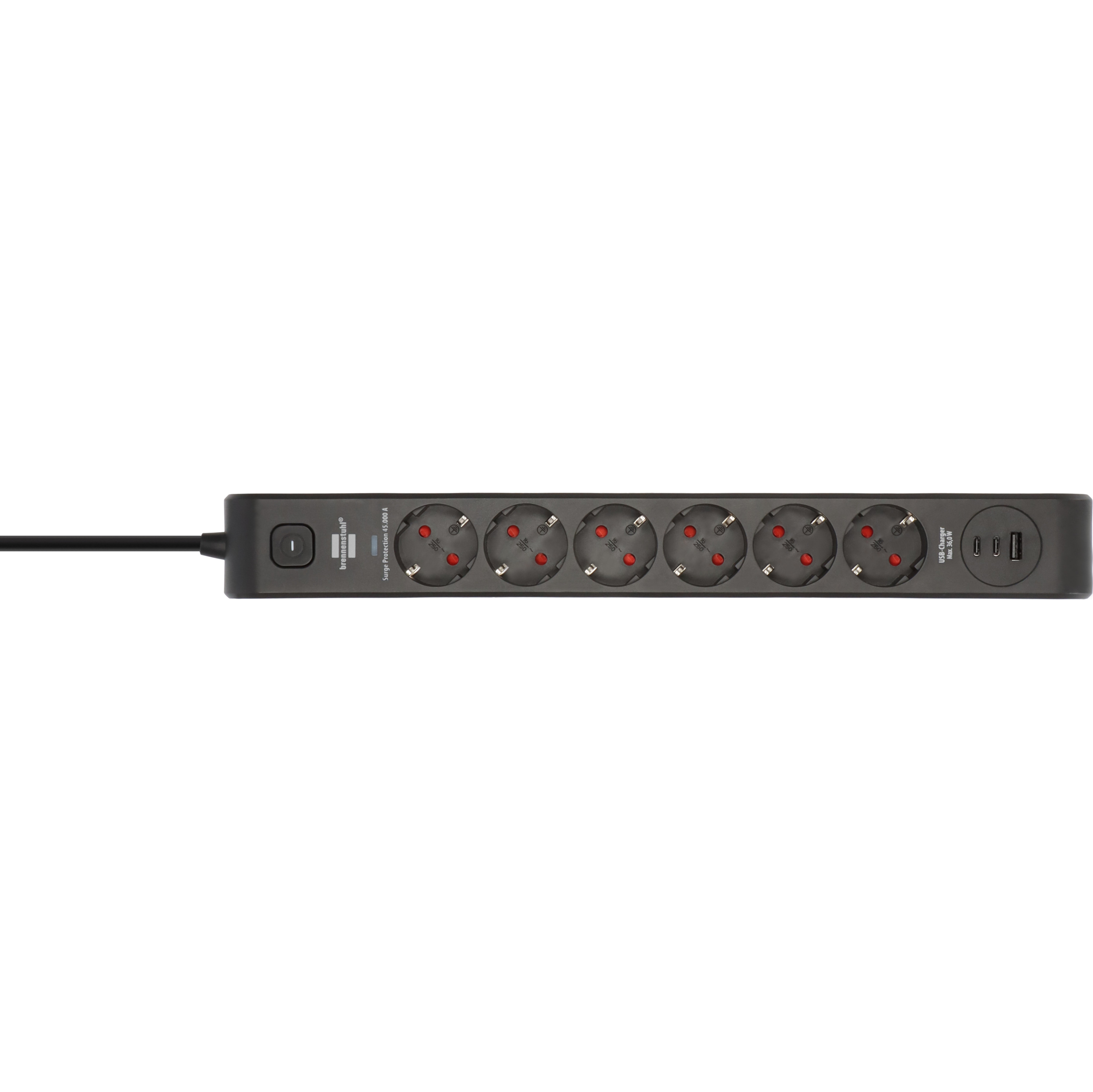 Eine schwarze Steckdosenleiste mit sechs Steckdosen, einem Schalter und USB-Anschlüssen auf weißem Grund.