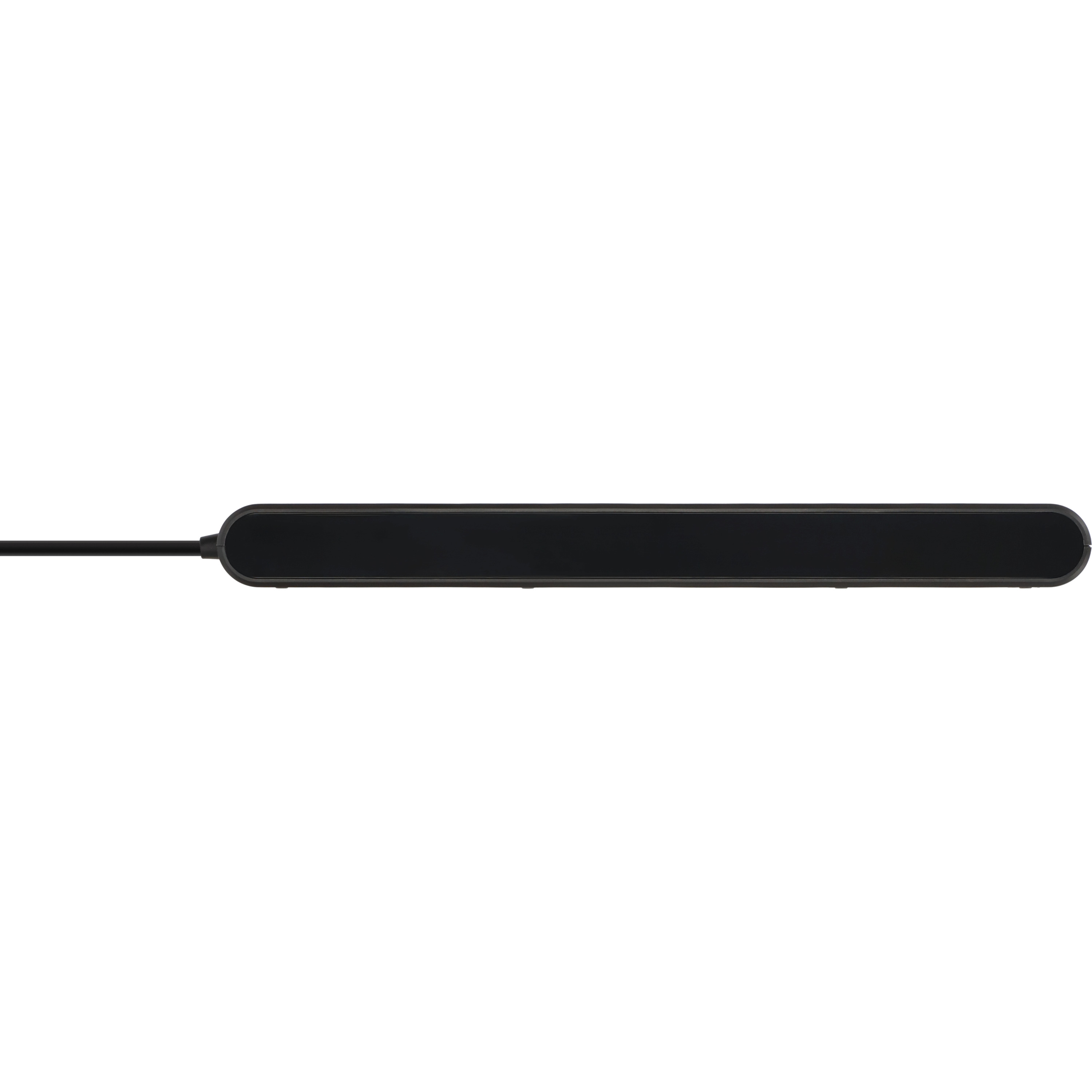 Ein schlankes, schwarzes elektronisches Gerät mit einem angeschlossenen Kabel vor einem weißen Hintergrund.