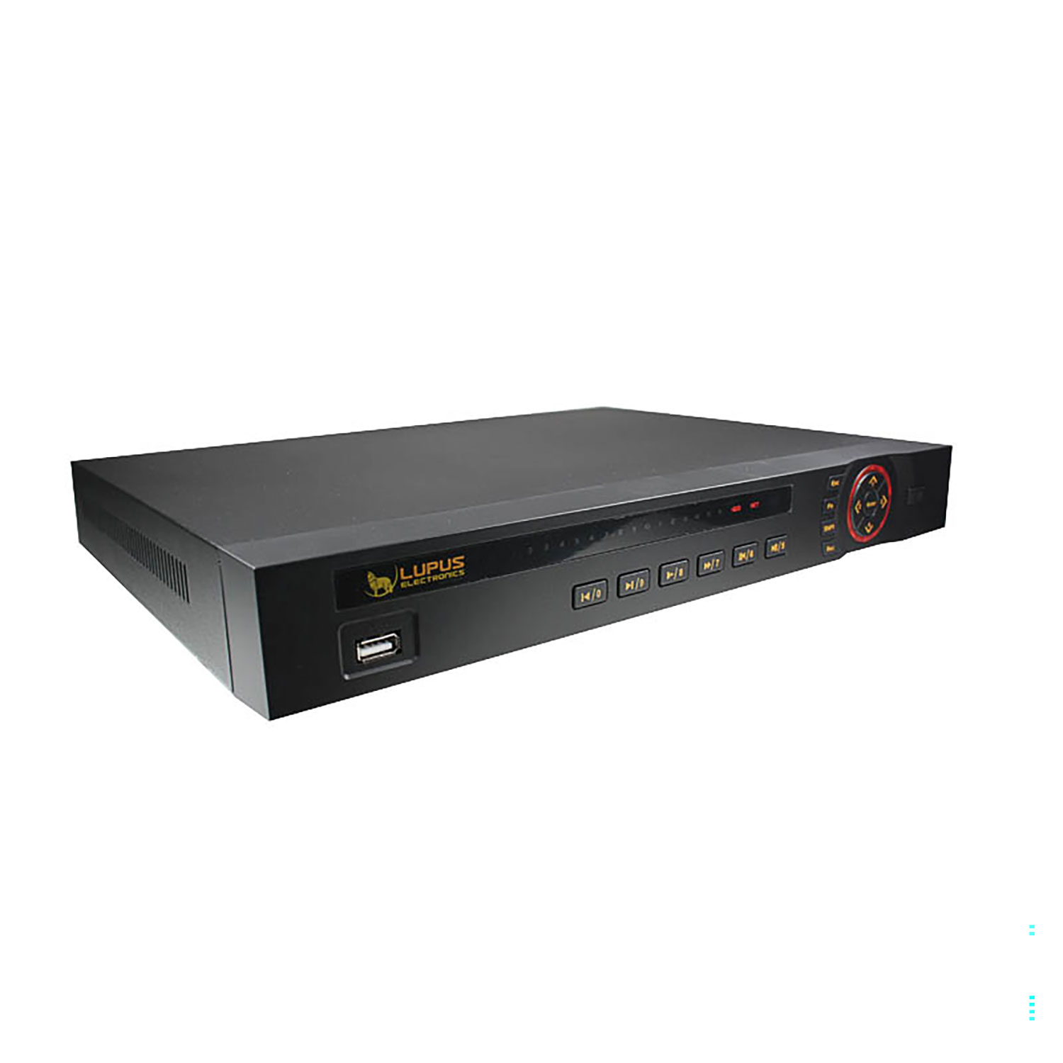 Ein schwarzer Lupus Electronics Rekorder mit Front-USB, Bedientasten und Statusleuchten.