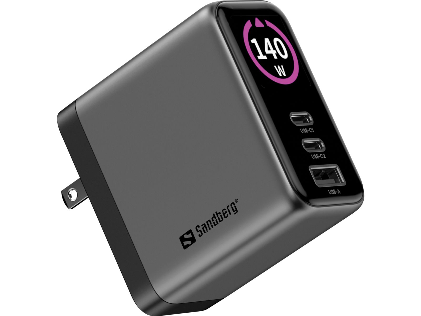 Ein graues Sandberg USB-Ladegerät mit einem digitalen 140W-Display und drei Anschlüssen auf einer weißen Fläche.