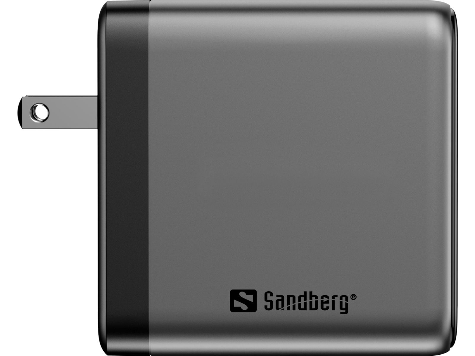 Graues und schwarzes Sandberg USB-Wandladegerät mit ausklappbarem Stecker vor weißem Hintergrund.