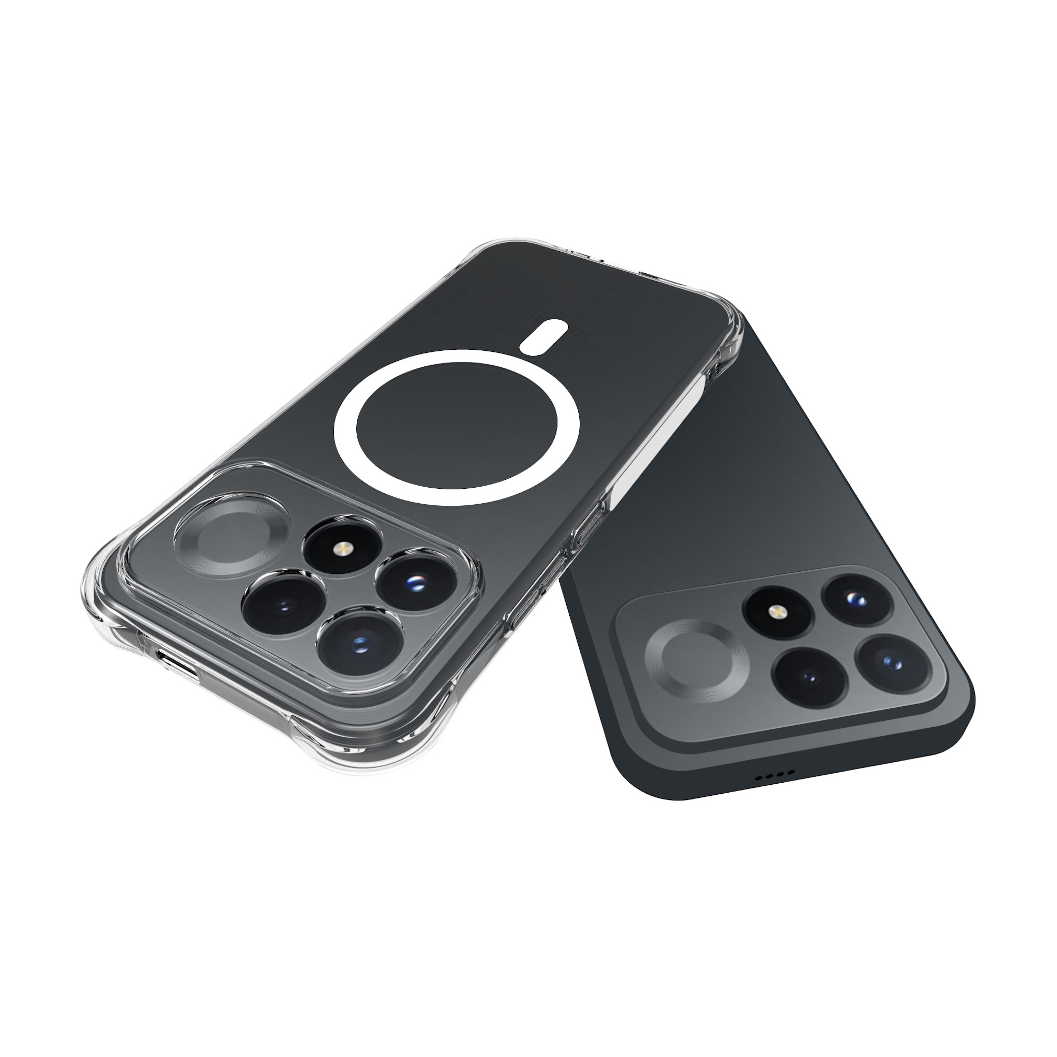 Zwei schwarze Smartphones, eines mit transparenter Schutzhülle und MagSafe-Ring, auf weißem Hintergrund.