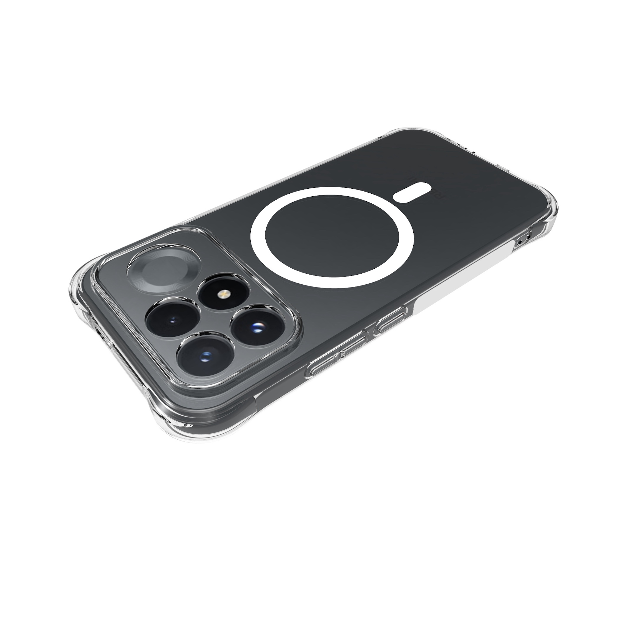 Ein Smartphone mit transparenter Hülle und MagSafe-Ring auf der Rückseite.