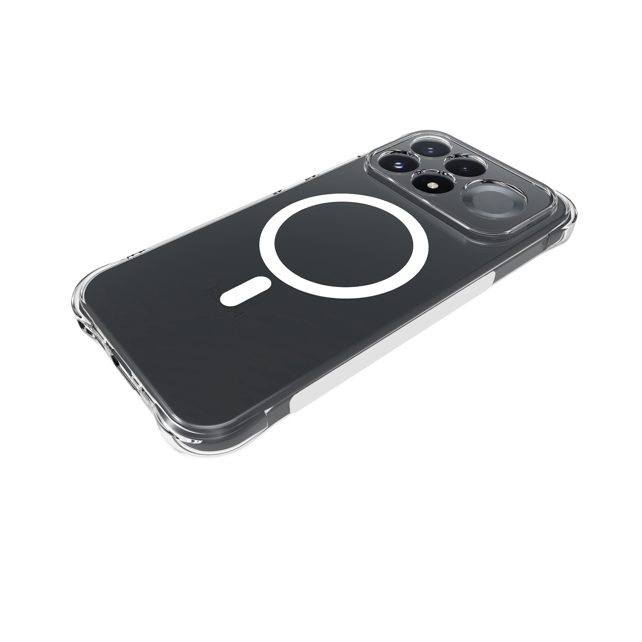 Eine schwarze Smartphone-Hülle mit einem weißen Ring auf der Rückseite und einer erhöhten Kameraumrandung.