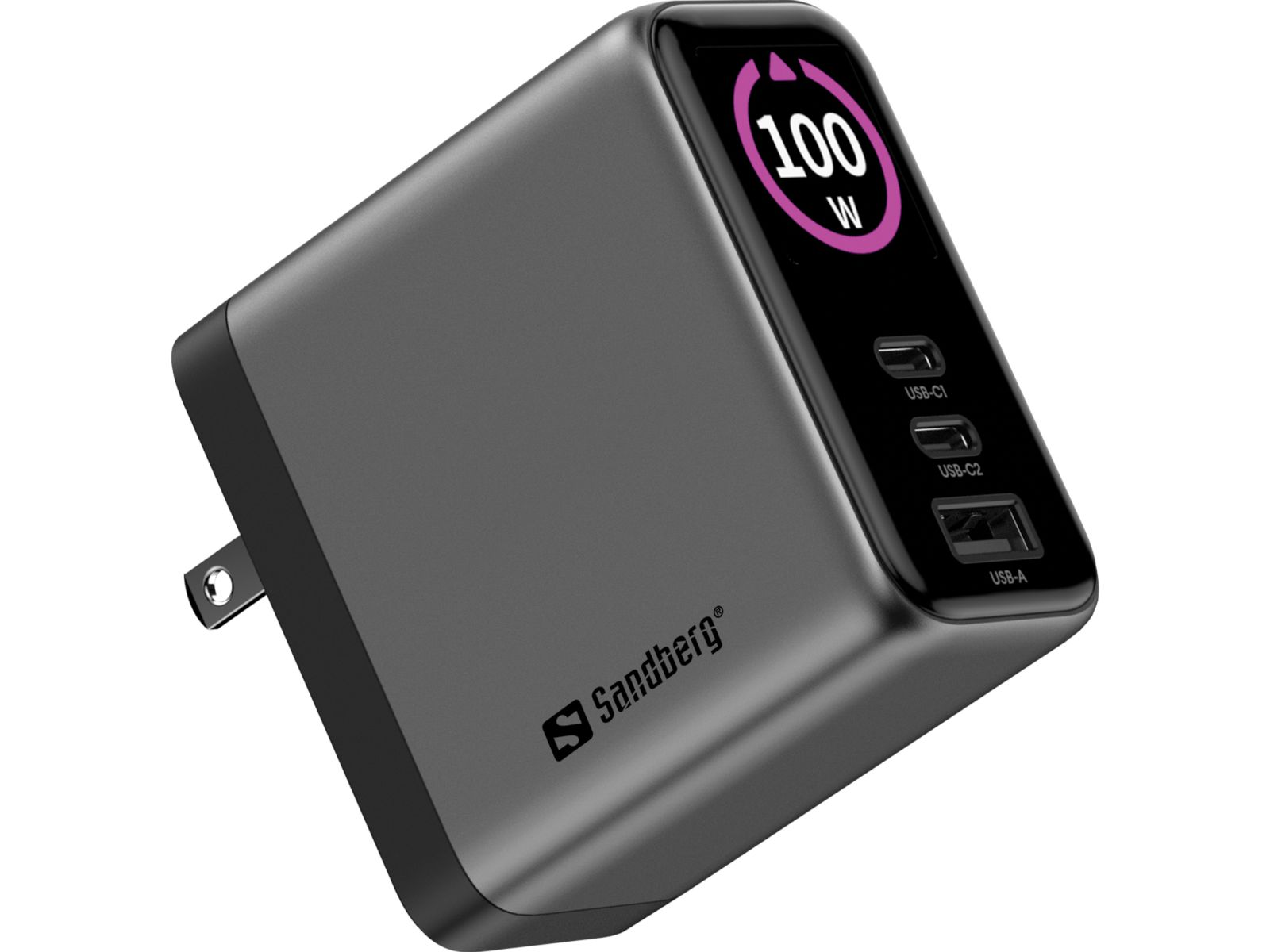 Ein graues Sandberg 100W Mehrfach-Wandladegerät mit digitaler Leistungsanzeige.