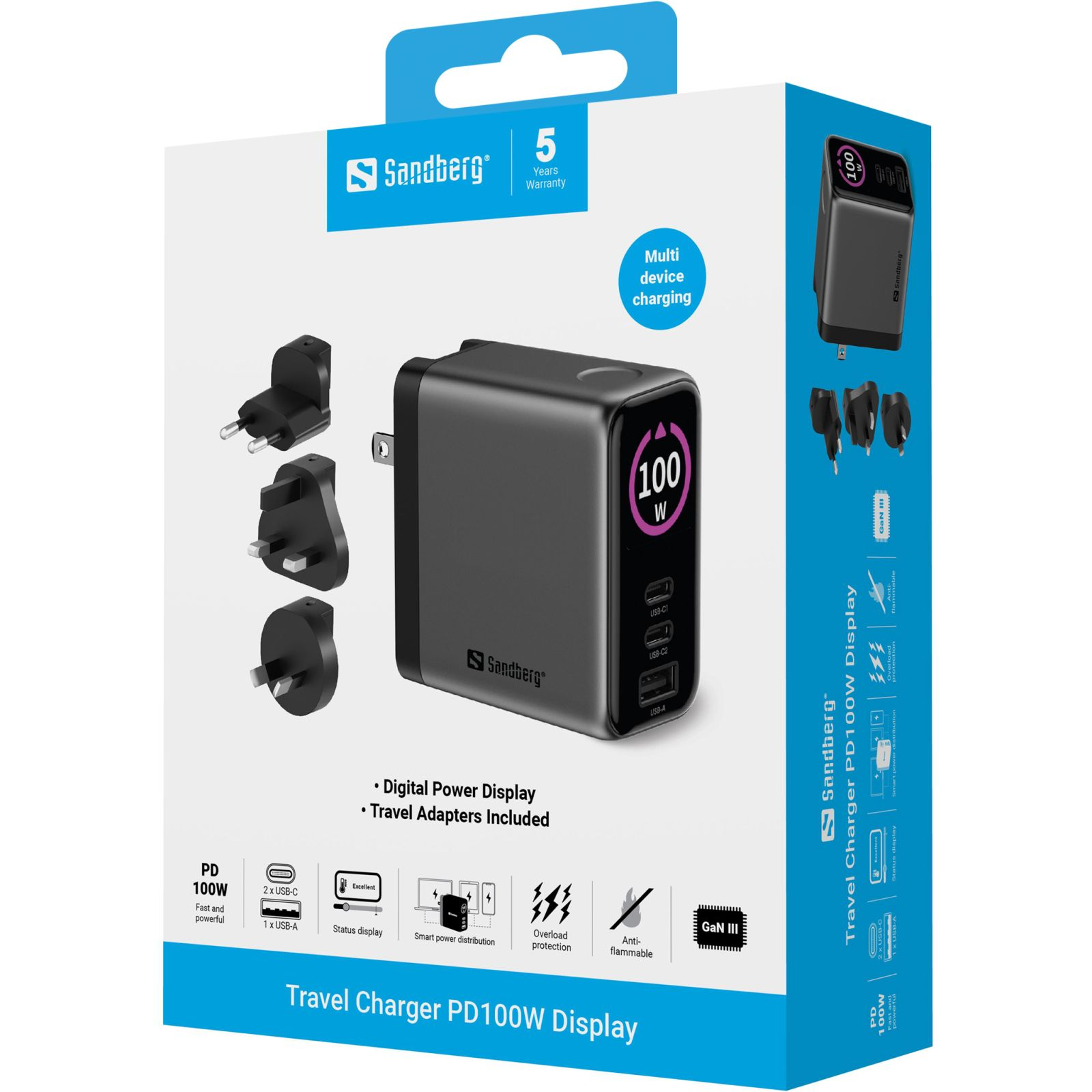 Sandberg 100W Reise-Ladegerät in Box mit Adaptern.