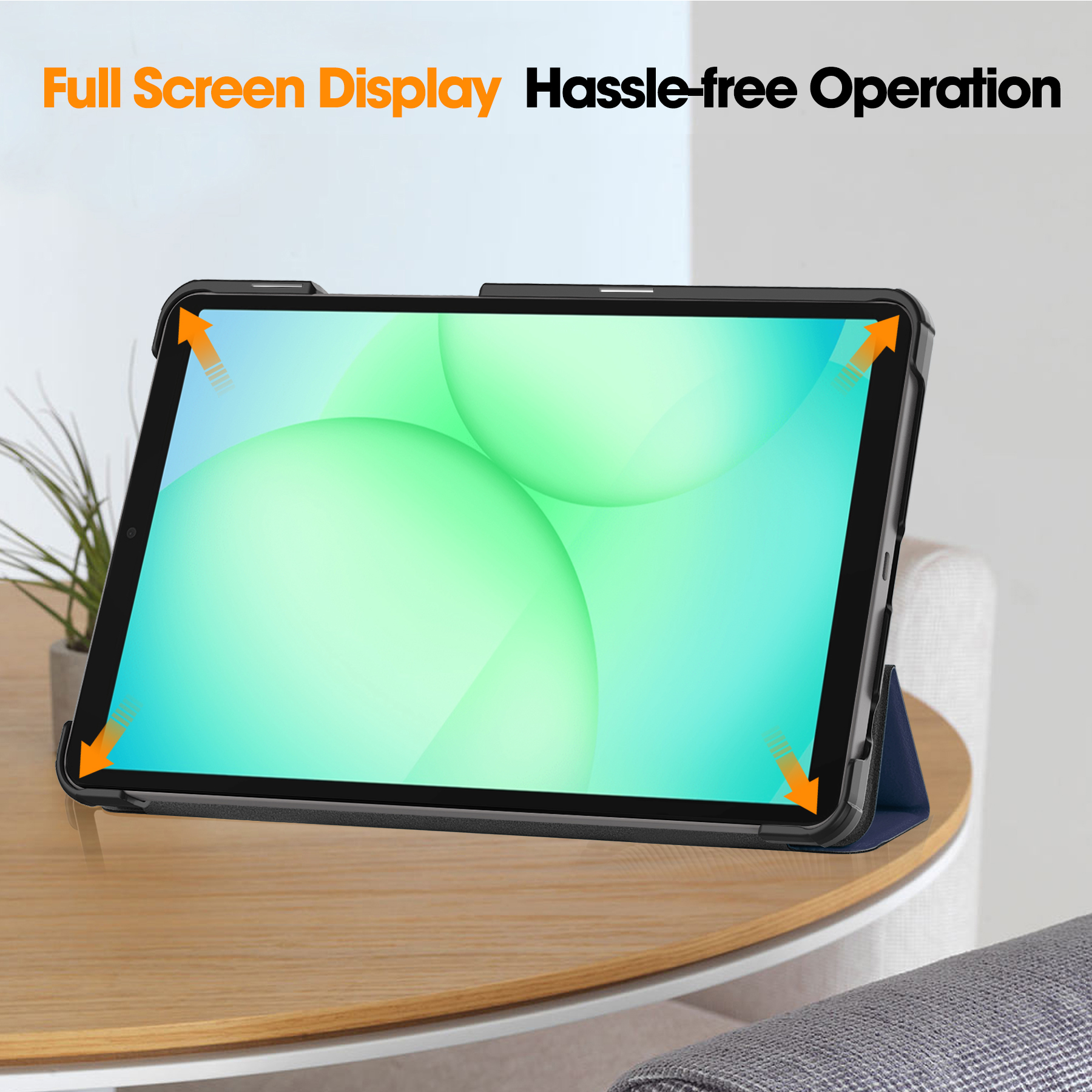 Ein Tablet in einer dunklen Schutzhülle steht auf einem Holztisch, mit orangefarbenen Pfeilen an den Ecken.