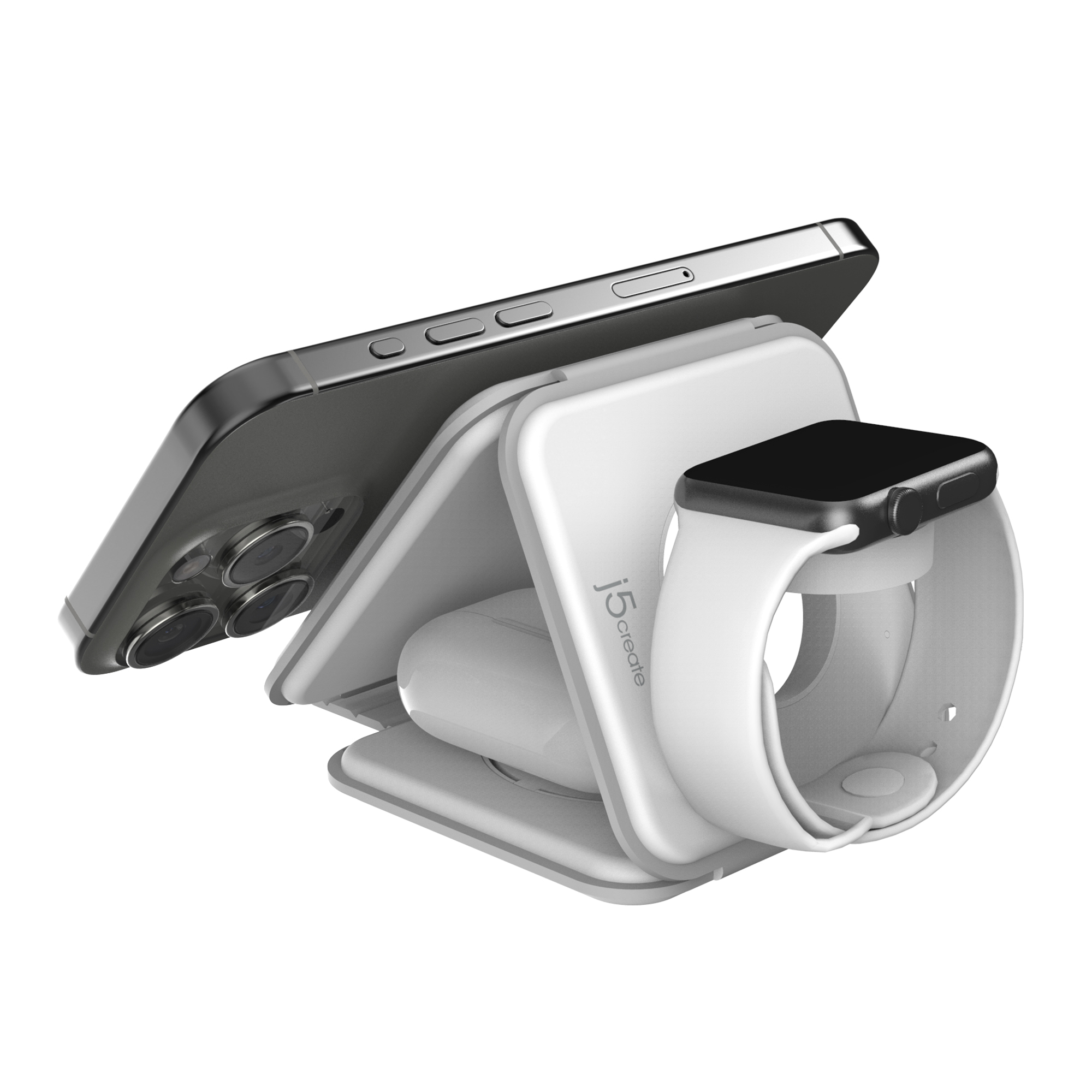 Ein weißer Multi-Geräte-Länderständer hält ein Smartphone, eine Smartwatch und kabellose Ohrhörer vor weißem Hintergrund.