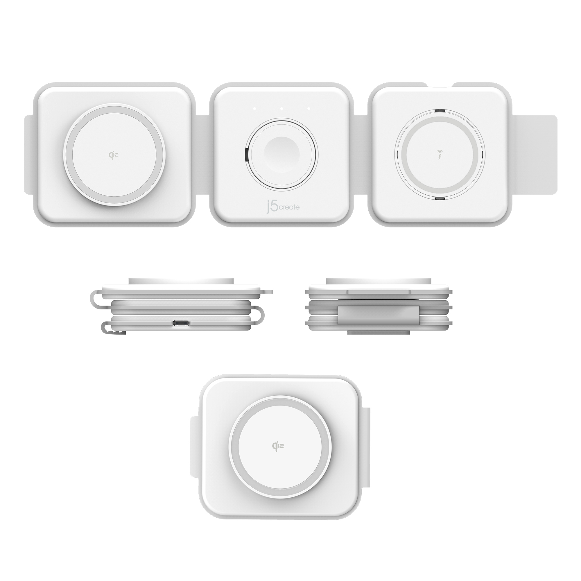 Ein weißes, faltbares 3-in-1-Wireless-Ladegerät aus verschiedenen Blickwinkeln mit magnetischen Pads.