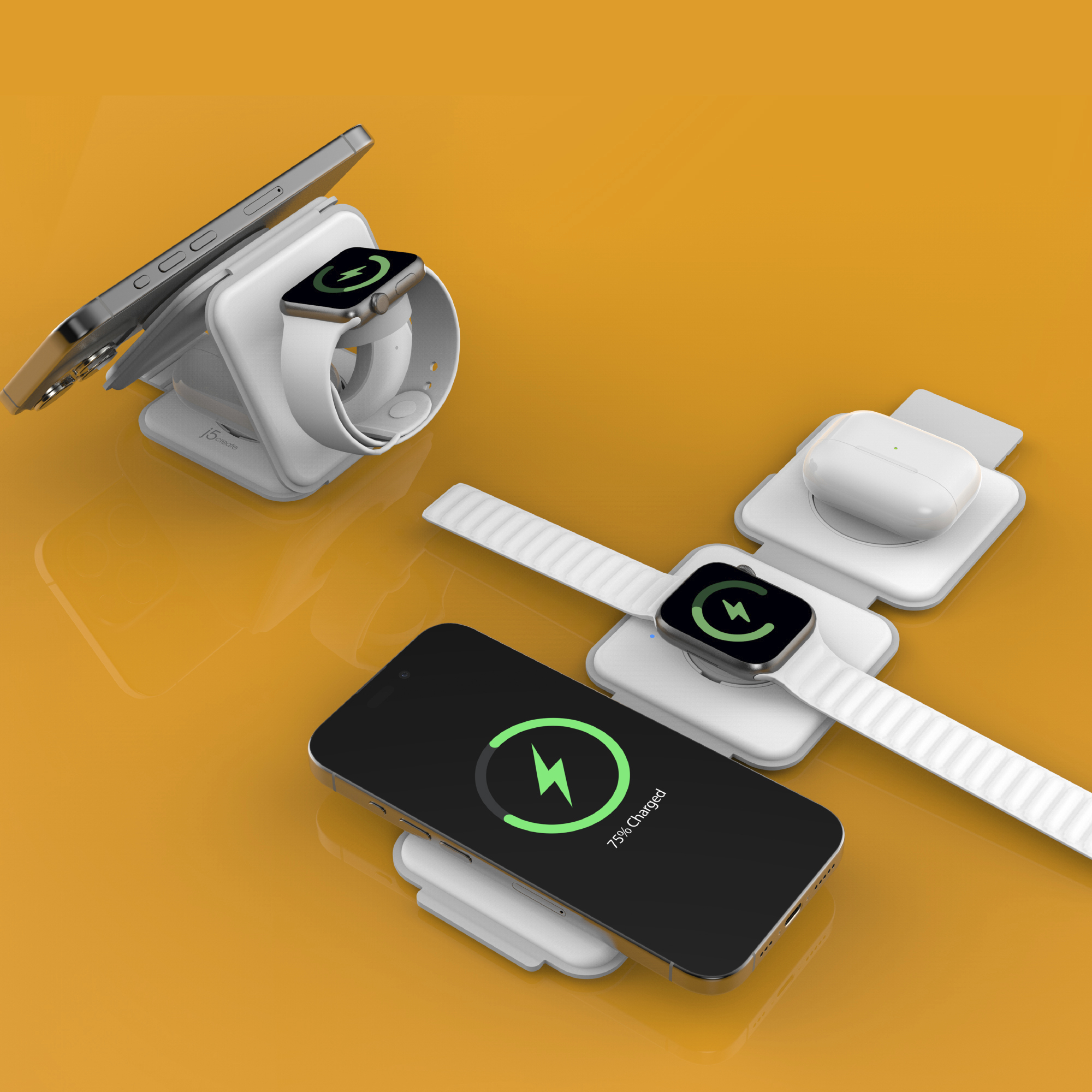 Weiße faltbare Qi2 Ladestationen laden iPhones, Apple Watches und AirPods auf einem orangen Hintergrund.