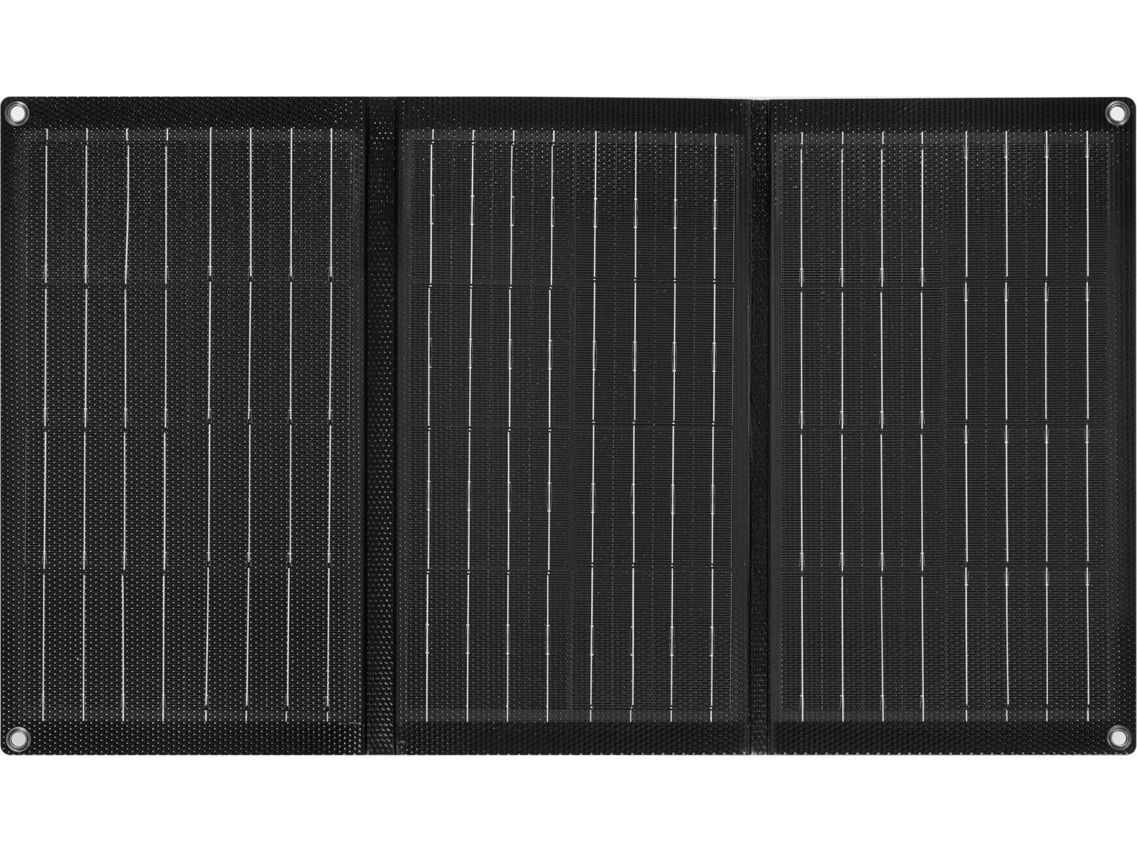 Ein schwarzes, faltbares Solarmodul mit drei Sektionen und Metallösen in den Ecken.