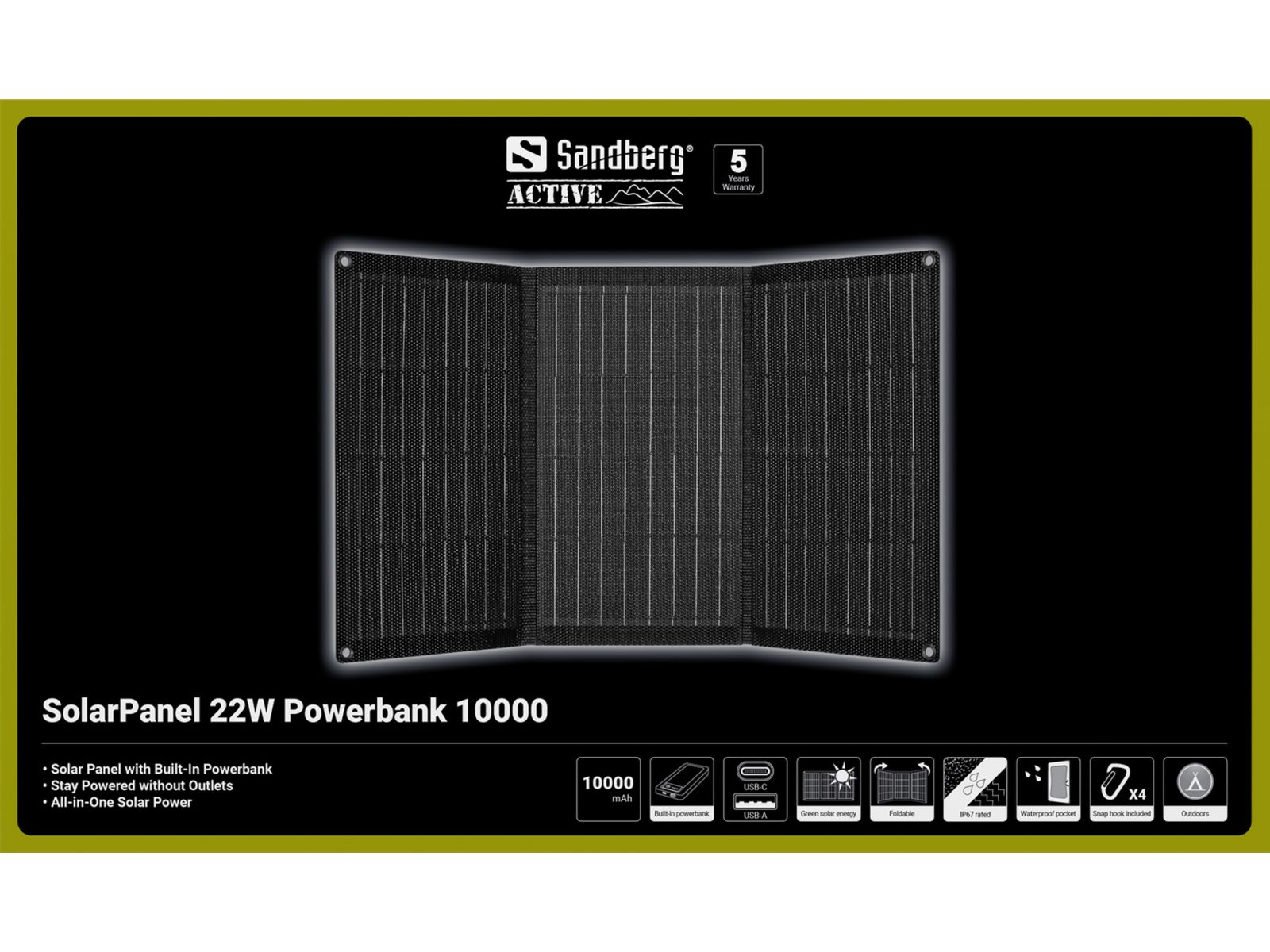 Sandberg Active SolarPanel 22W mit eingebauter 10000 mAh Powerbank, in schwarzem, faltbarem Design.