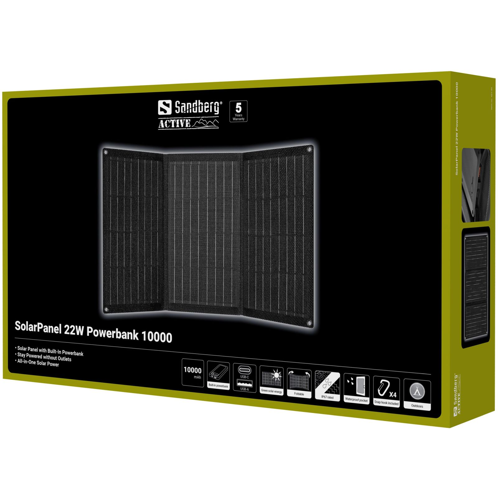 Verpackung der Sandberg Active SolarPanel 22W Powerbank 10000 mit einer Grafik eines faltbaren Solarmoduls.