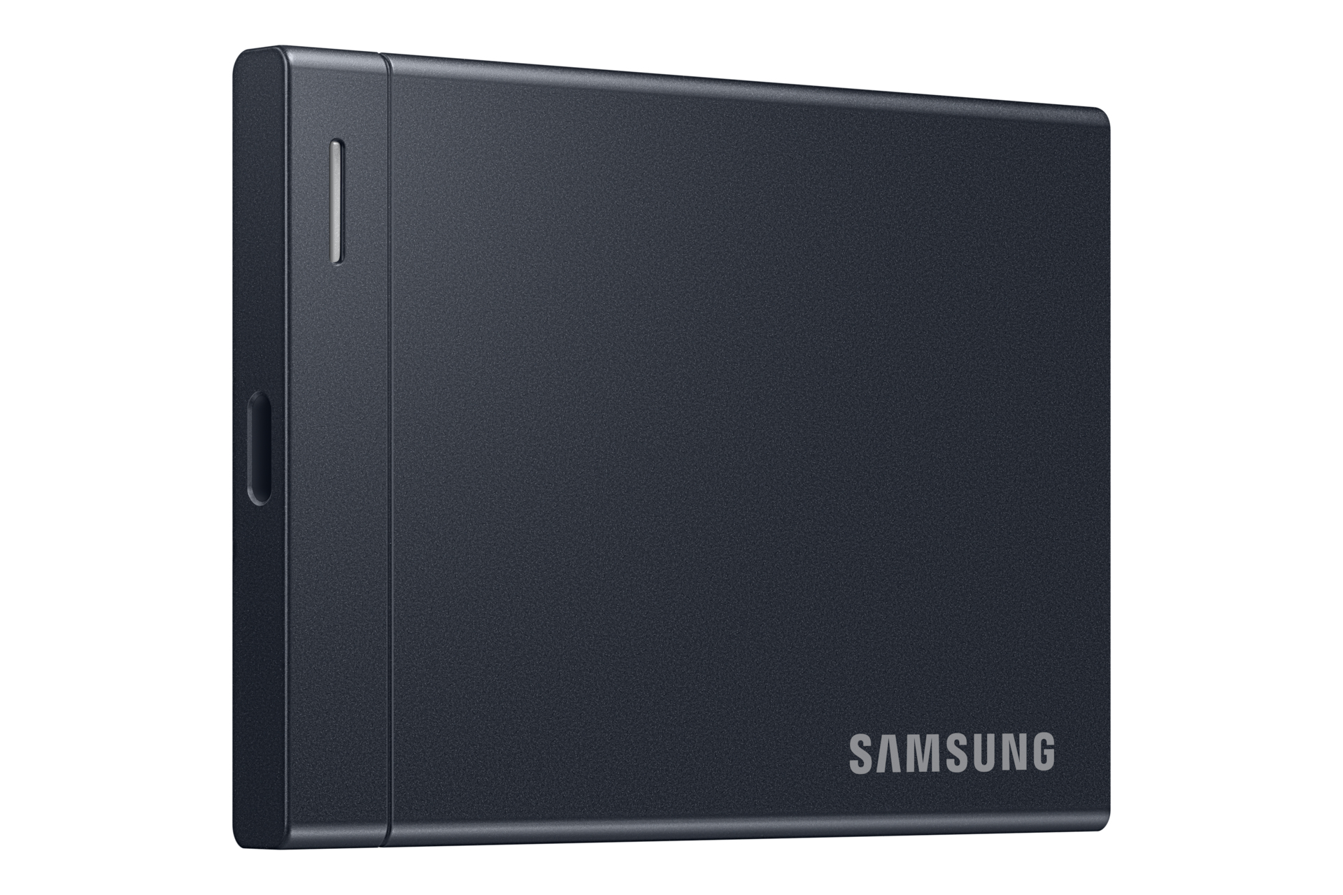 Eine schwarze Samsung-Festplatte mit USB-Anschluss vor weißem Hintergrund.