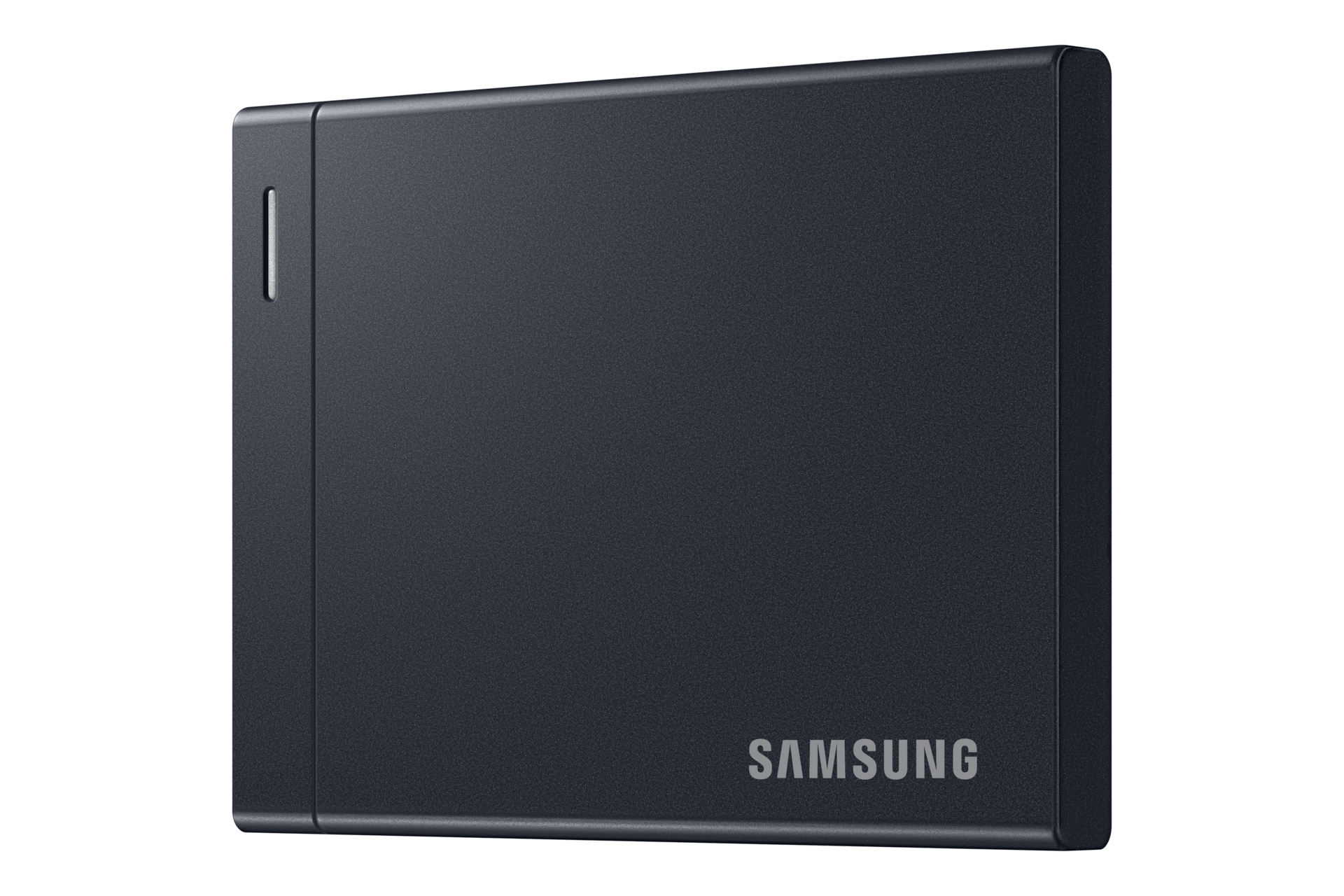Eine schwarze Samsung-Schwachlast-Festplatte mit einem kleinen LED-Licht auf weißem Hintergrund.