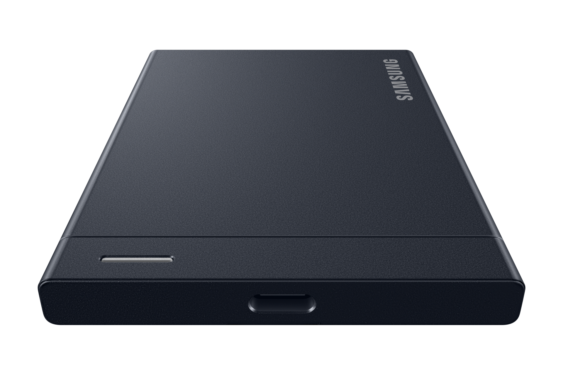 Eine schwarze Samsung externe Festplatte auf weißem Grund mit USB-C-Anschluss und Statusleuchte.
