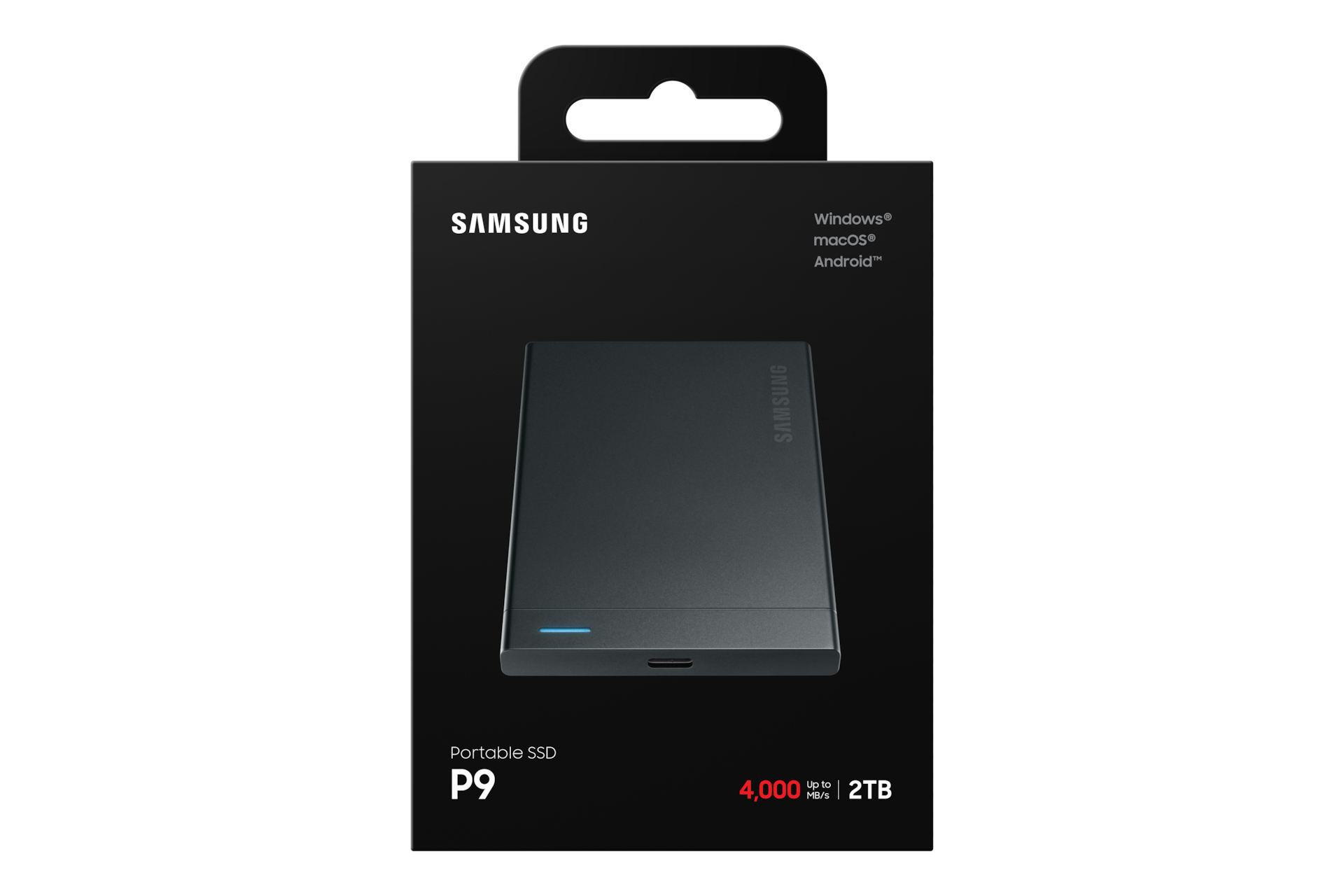 Schwarze Samsung Portable SSD P9 Box mit 2TB Kapazität und Geschwindigkeiten bis zu 4.000 MB/s.