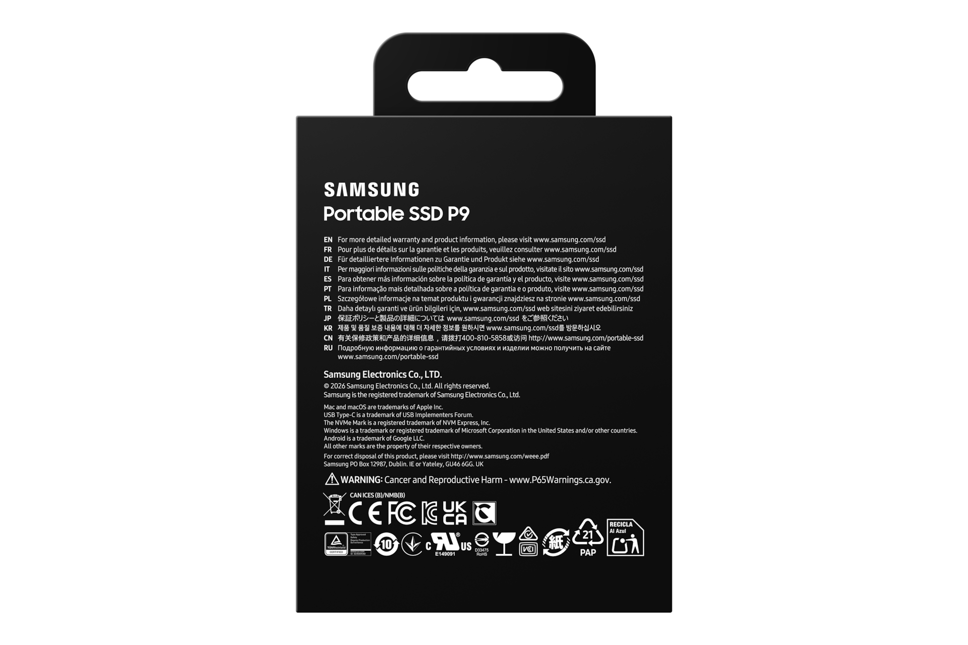 Rückseite der Samsung Portable SSD P9 Verpackung mit regulatorischen Informationen.