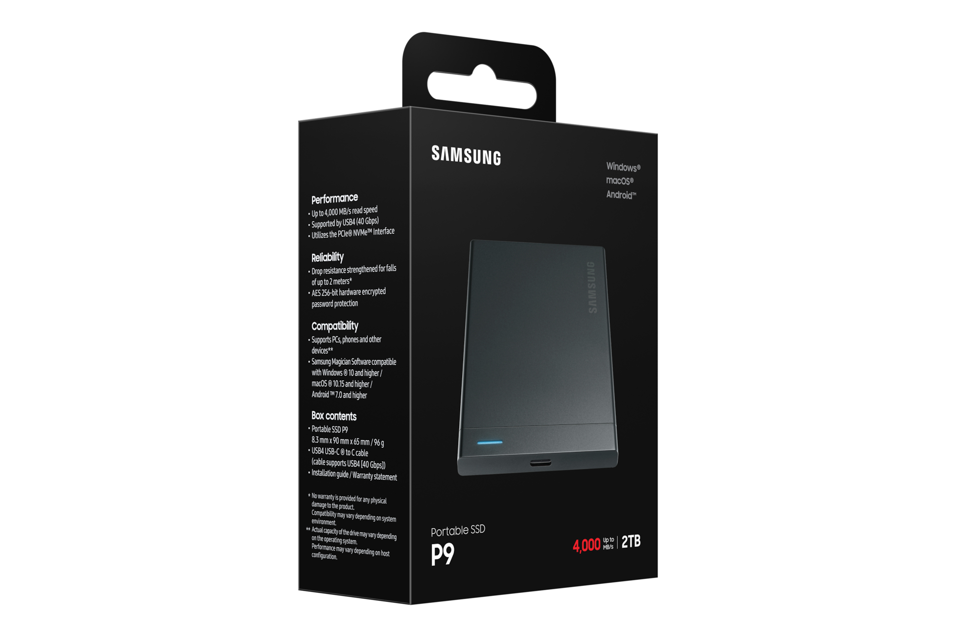 Verpackung der Samsung P9 Portable SSD in Schwarz mit Produktbild und technischen Daten.