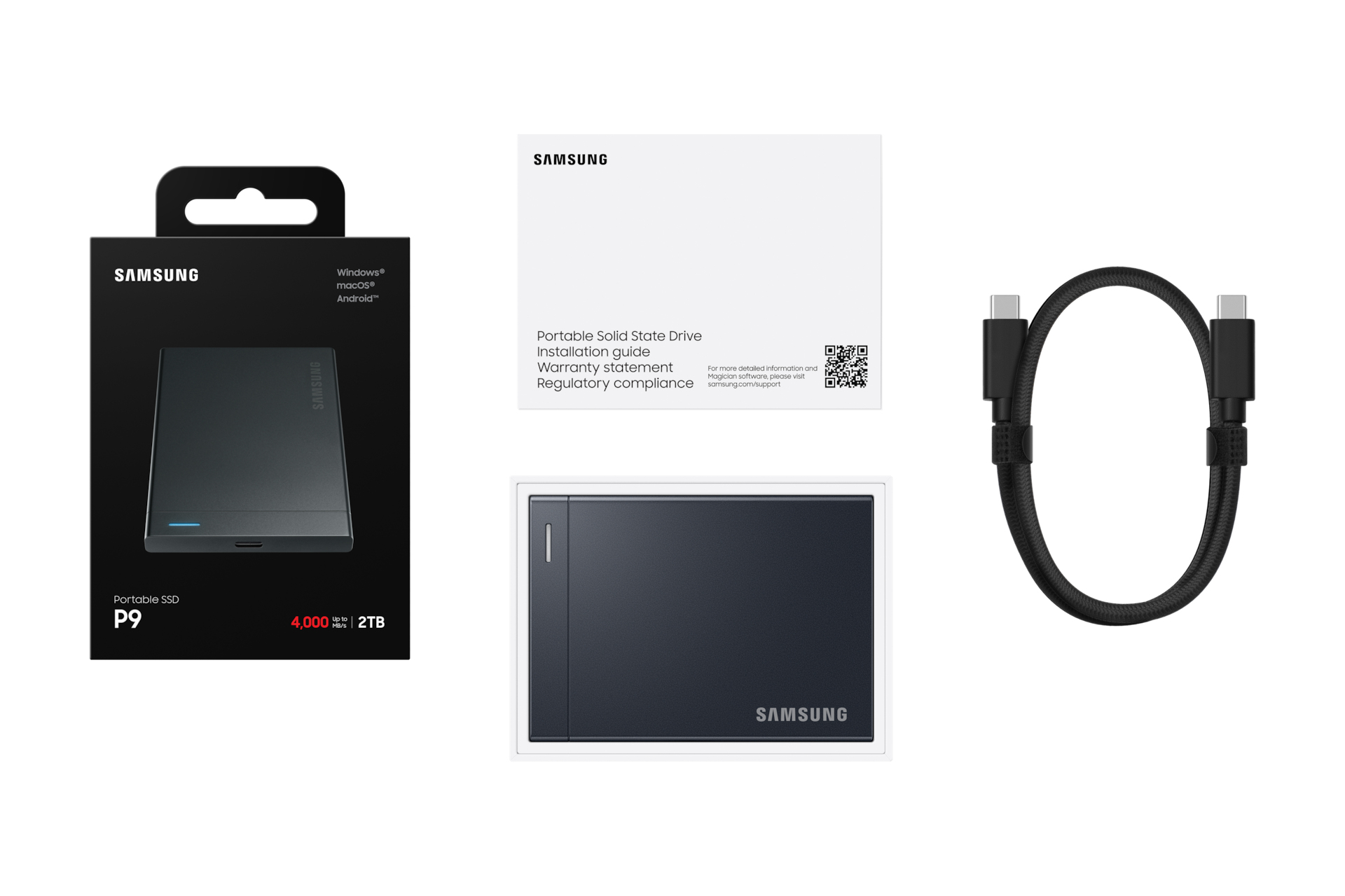 Samsung P9 Portable SSD mit Verpackung, Handbuch und USB-C-Kabel auf weißem Hintergrund.