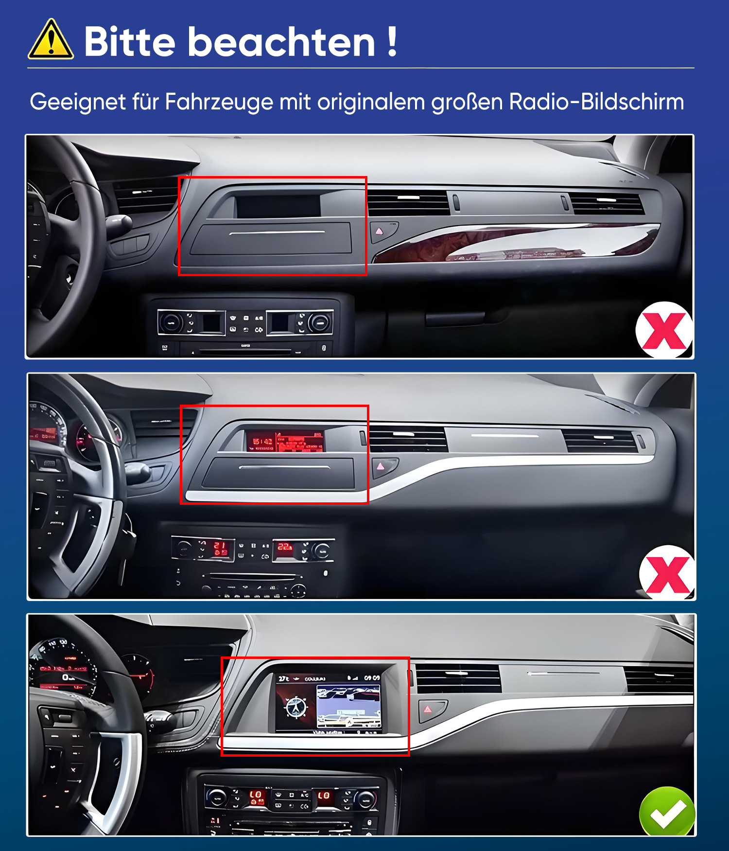 Vergleich von Auto-Armaturenbrettern mit verschiedenen Bildschirmgrößen; nur die dritte Option ist korrekt.