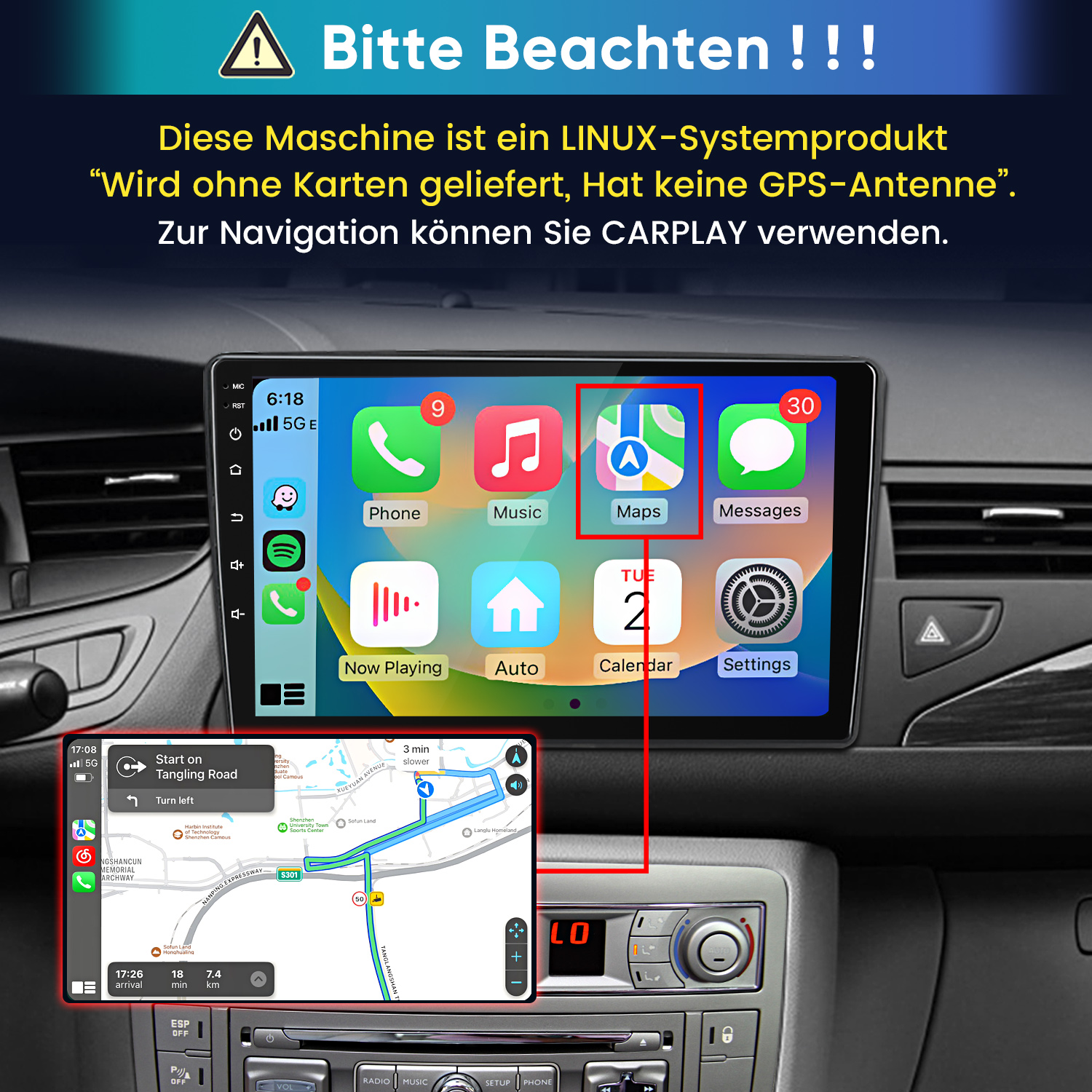Ein Auto-Armaturenbrett mit einem digitalen Infotainment-Bildschirm und Apple CarPlay, überlagert von einem deutschen Hinweistext.