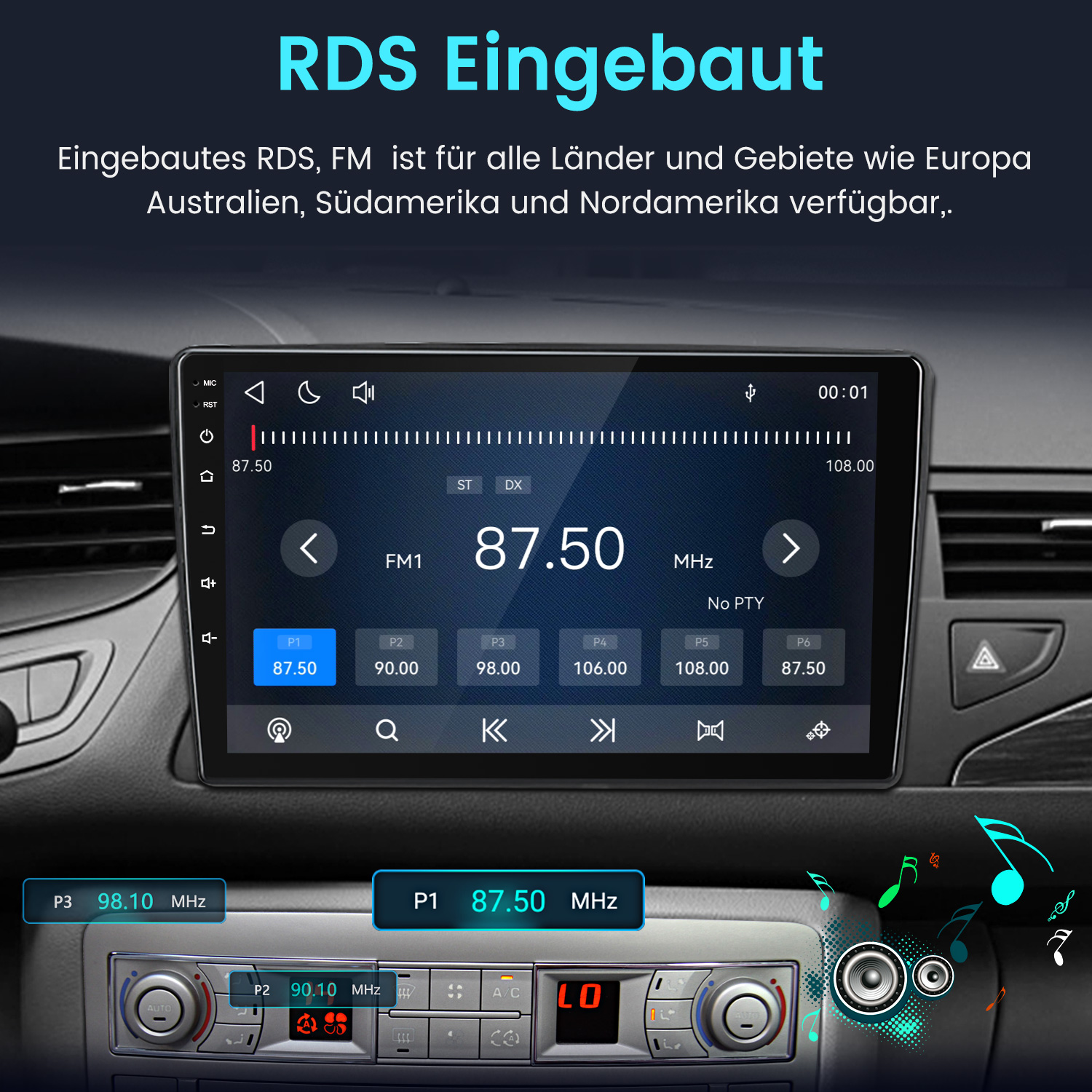 Autocockpit mit Touchscreen-Radio, das die FM-Frequenz 87.50 MHz und RDS anzeigt.