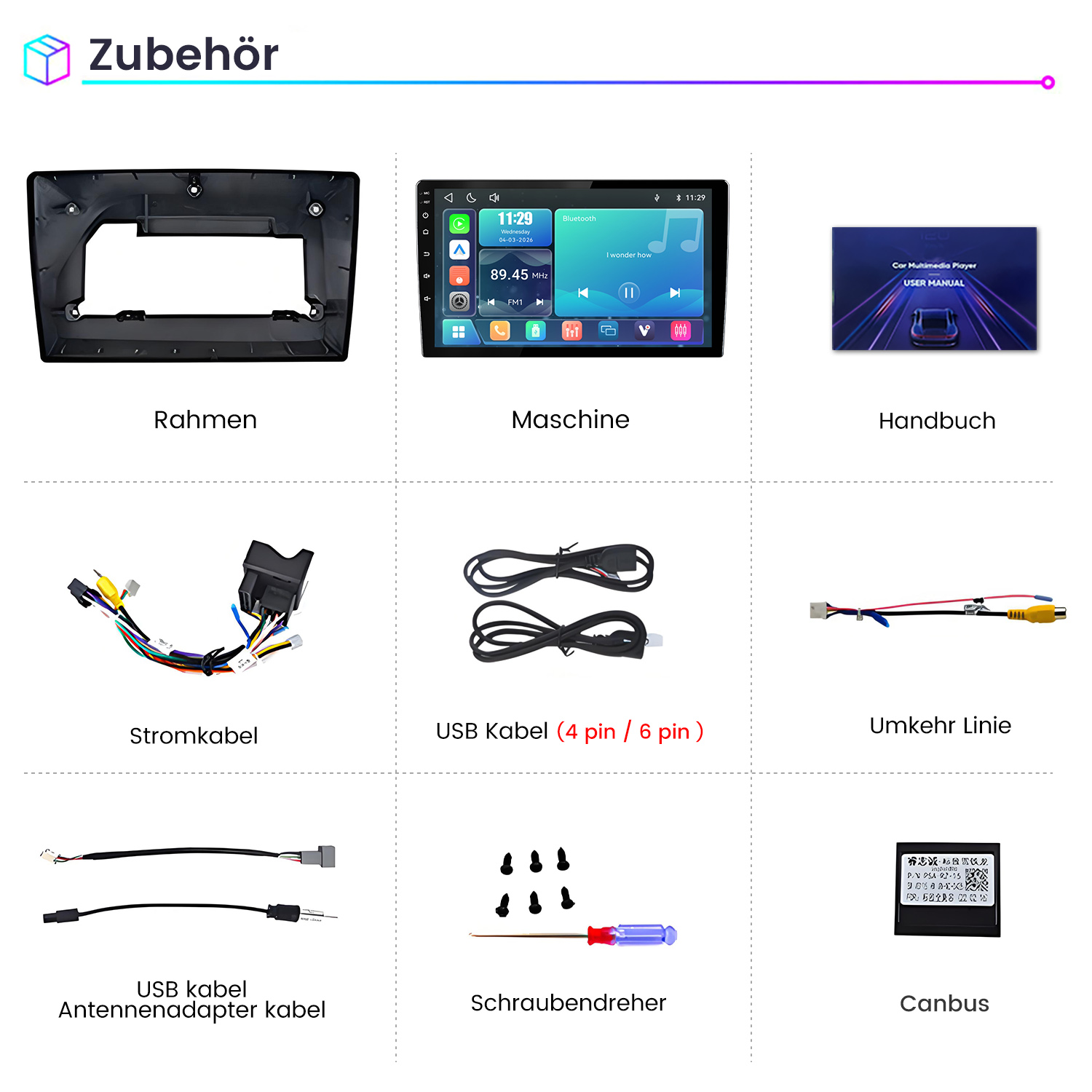 Übersicht des Zubehörs für ein Autoradio, darunter Rahmen, Display, Handbuch, Kabel, Schraubendreher und Canbus.