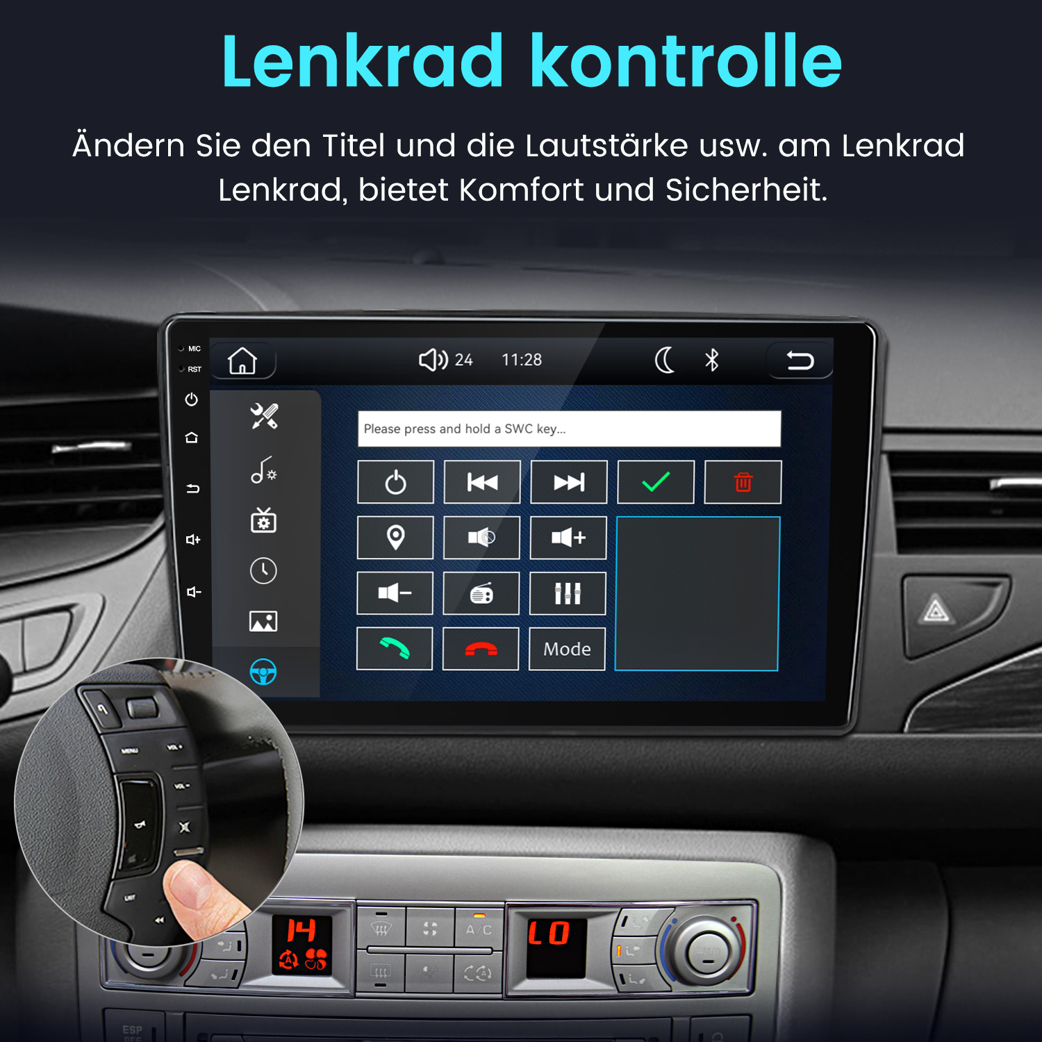 Auto-Armaturenbrett mit Touchscreen-Infotainmentsystem und Lenkradfernbedienungs-Einstellungsmenü.