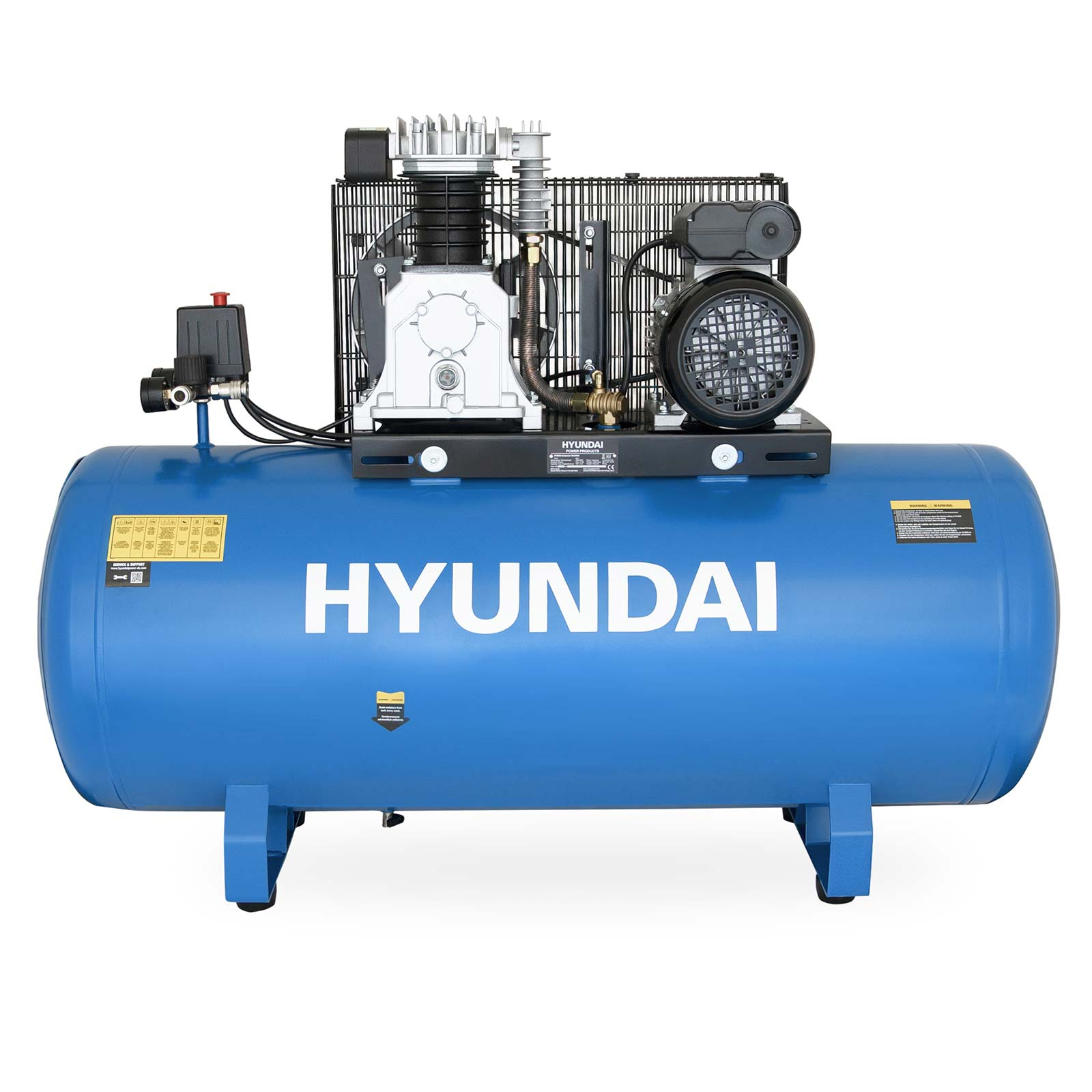Blauer Hyundai Luftkompressor mit horizontalem Tank, Motor und Pumpe.