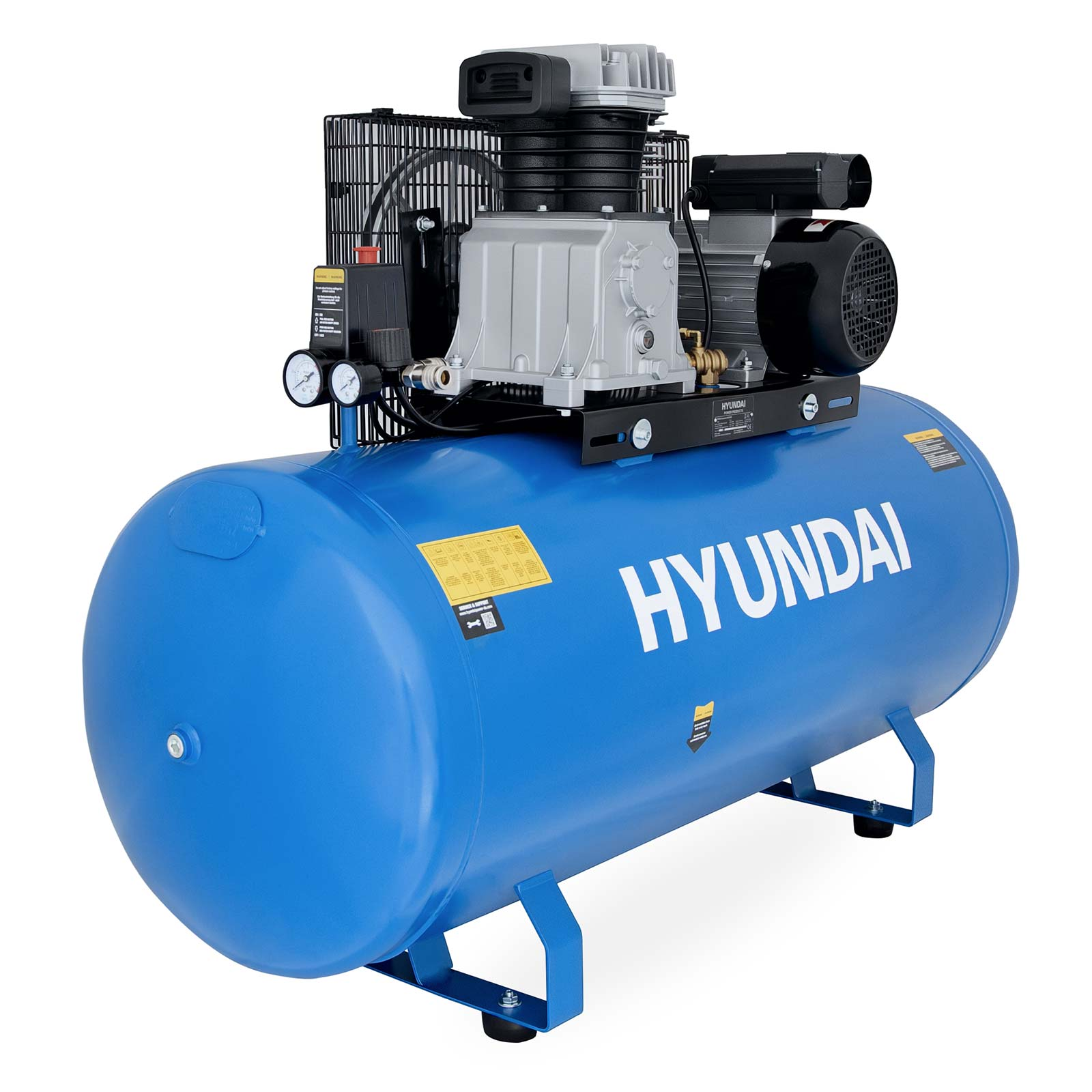 Ein blauer Hyundai-Luftkompressor mit Motor und Drucktanks auf weißem Hintergrund.