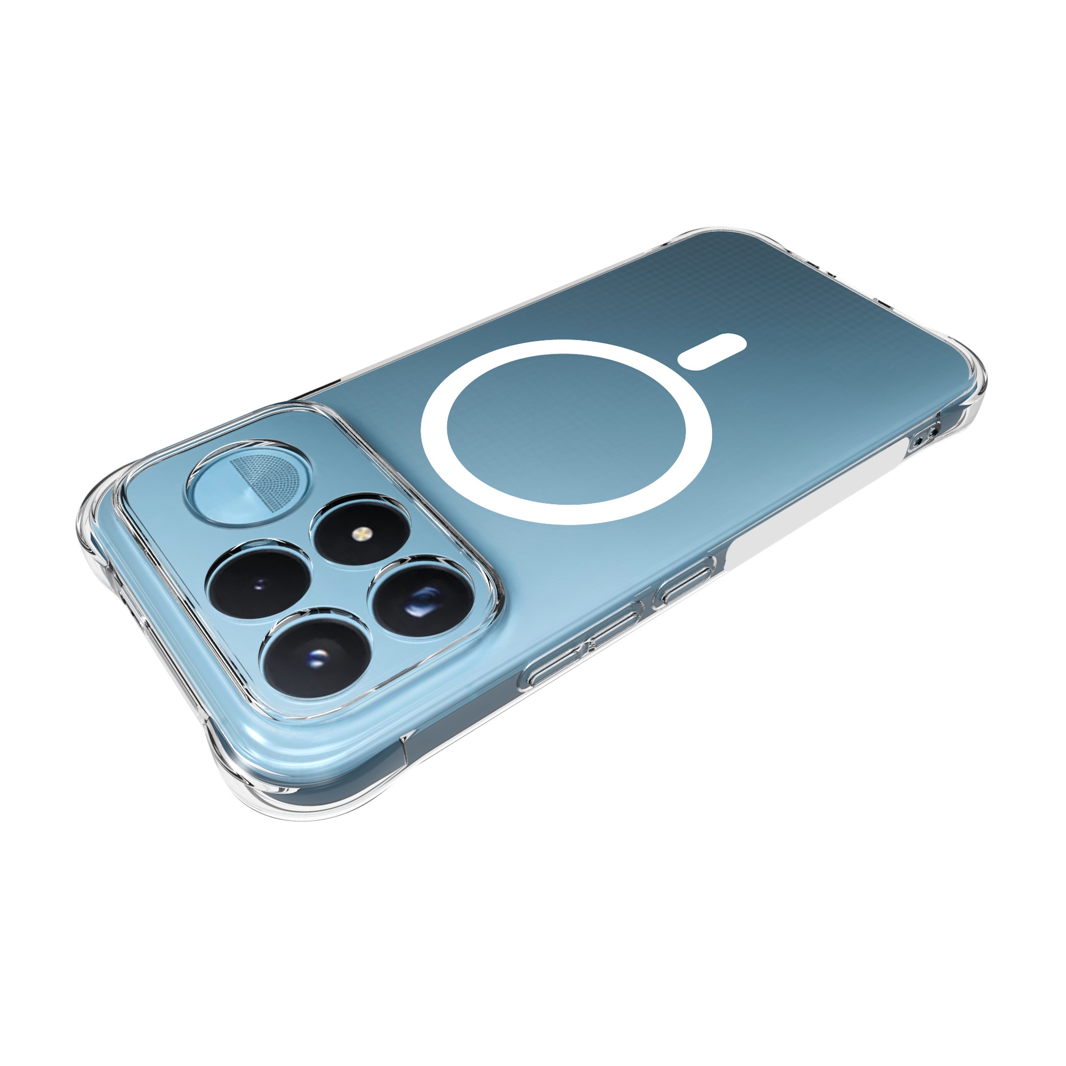 Ein blaues Smartphone mit transparenter Hülle, Kameramodul und weißem magnetischem Ladering auf der Rückseite.