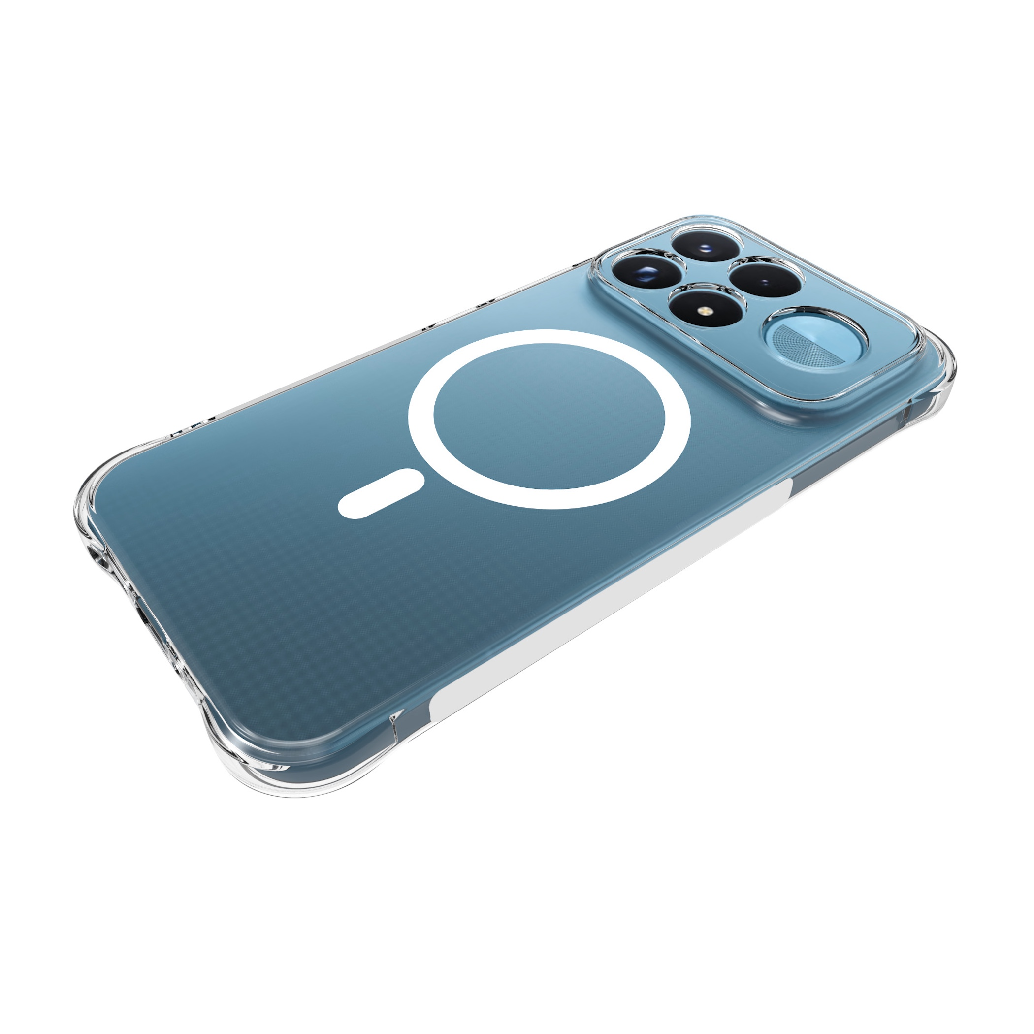 Ein hellblaues Smartphone in einer transparenten Hülle mit weißem Magnetring auf der Rückseite, freigestellt.