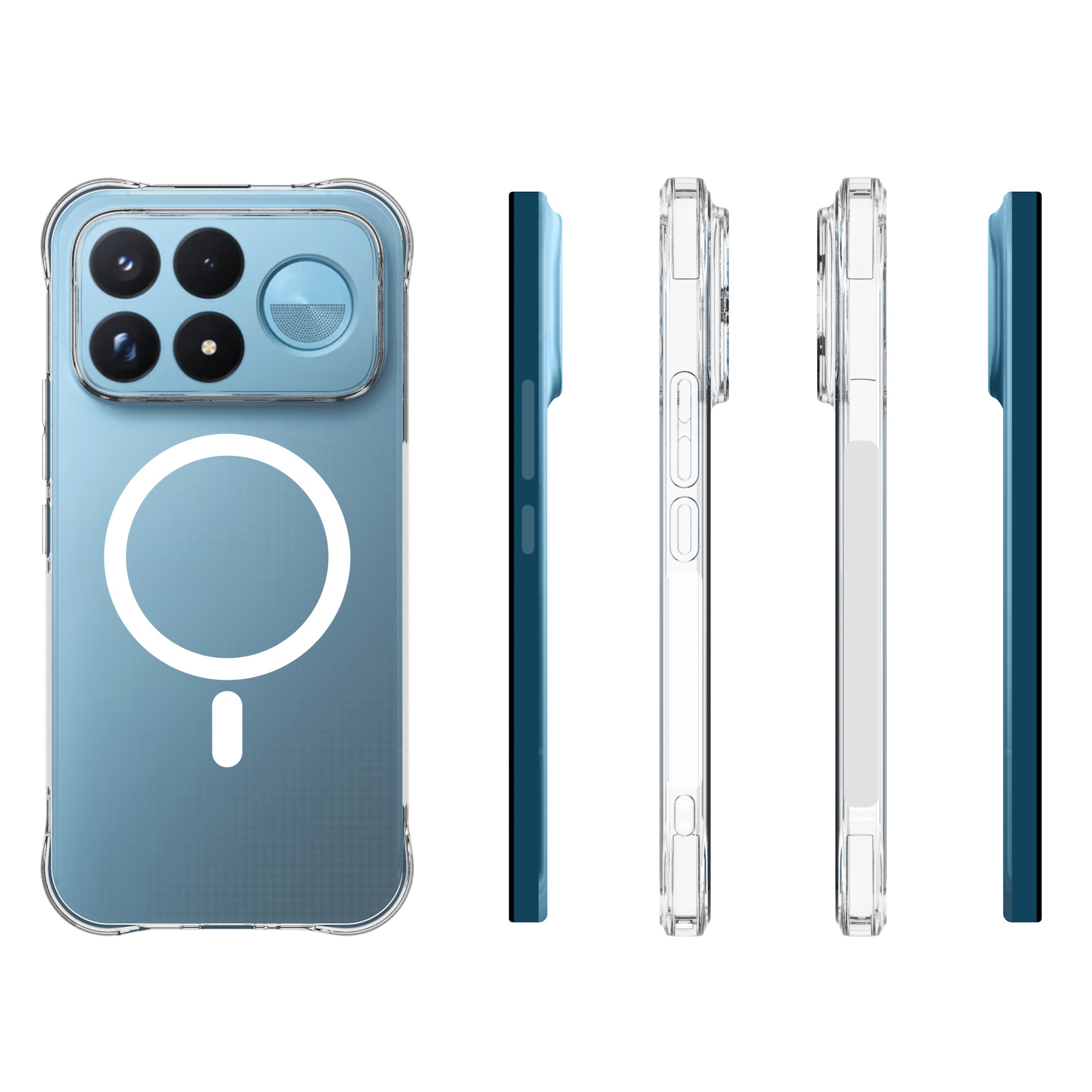Blaue Handyhülle mit MagSafe-Ring, Kameraaussparung und Seitenansichten auf weißem Hintergrund.