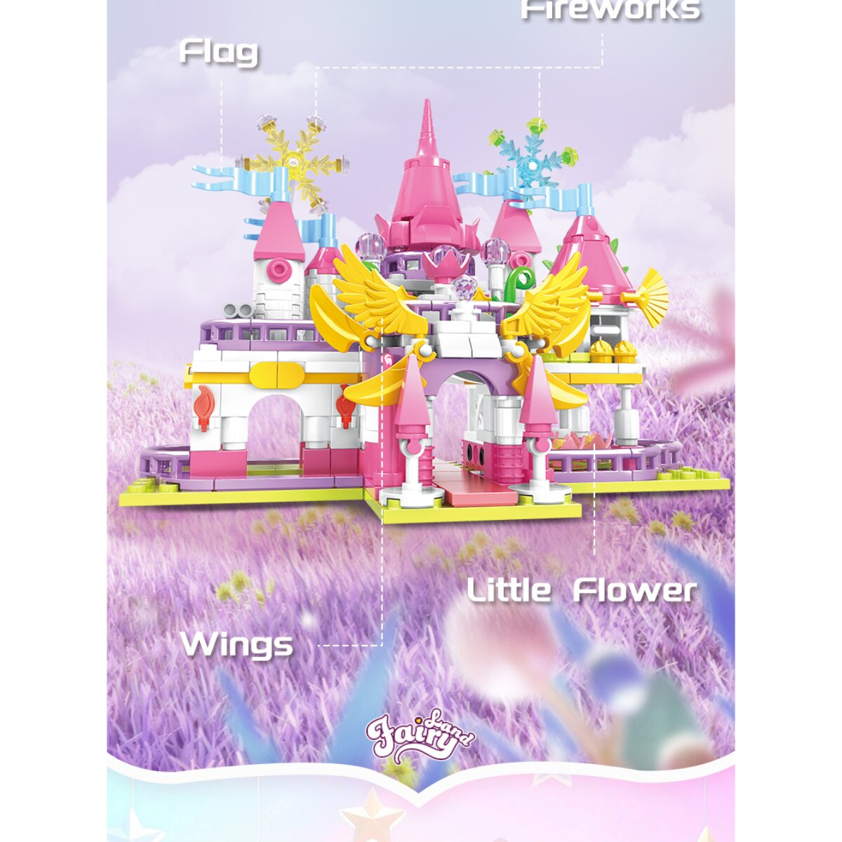 Ein rosafarbenes Spielzeugschloss aus Bausteinen auf einer Wiese, mit Beschriftungen für Flagge, Flügel und Blumen.