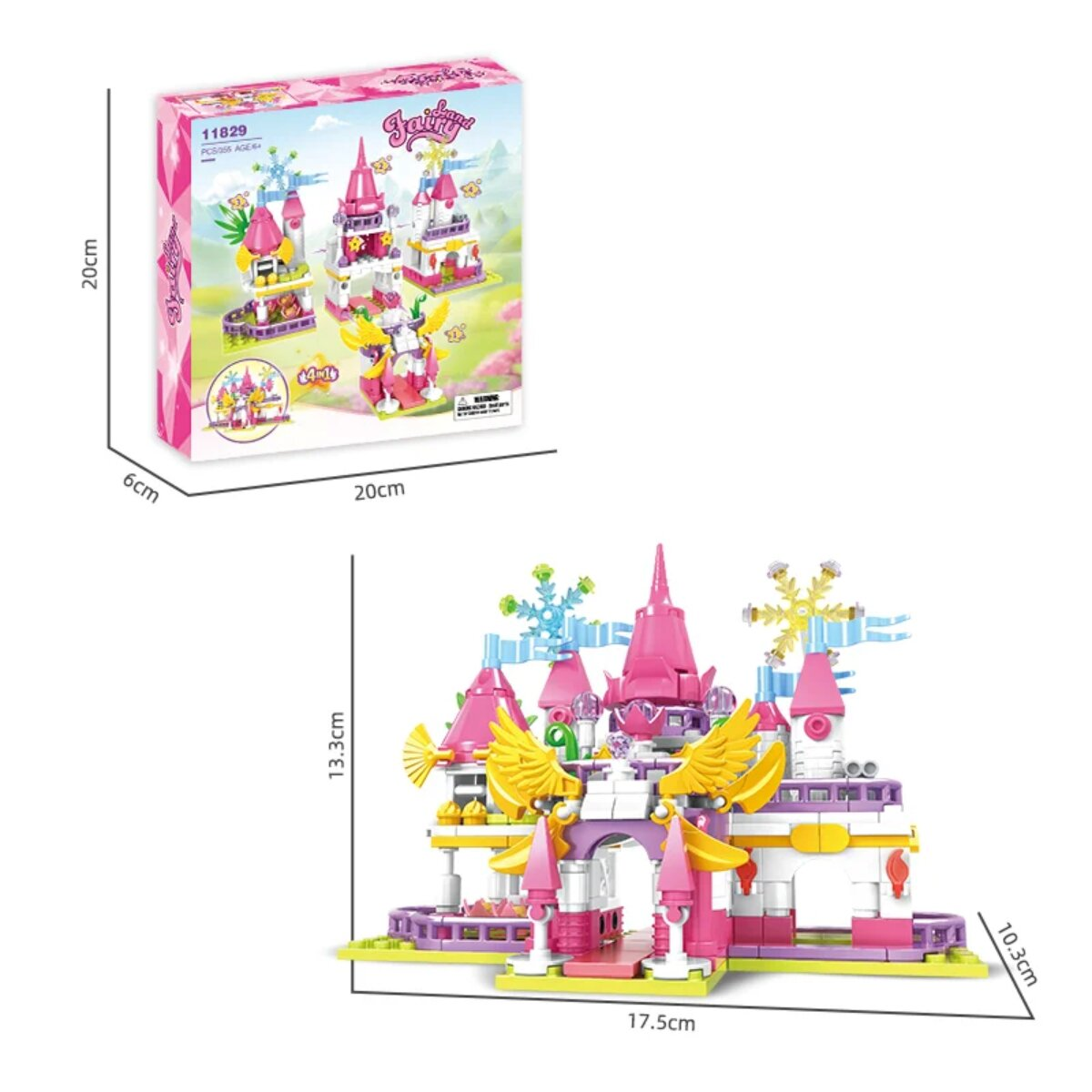 Rosa-weißes Feenschloss-Spielzeug mit Flügeln und Türmen, gezeigt mit Verpackungskarton und Maßen.