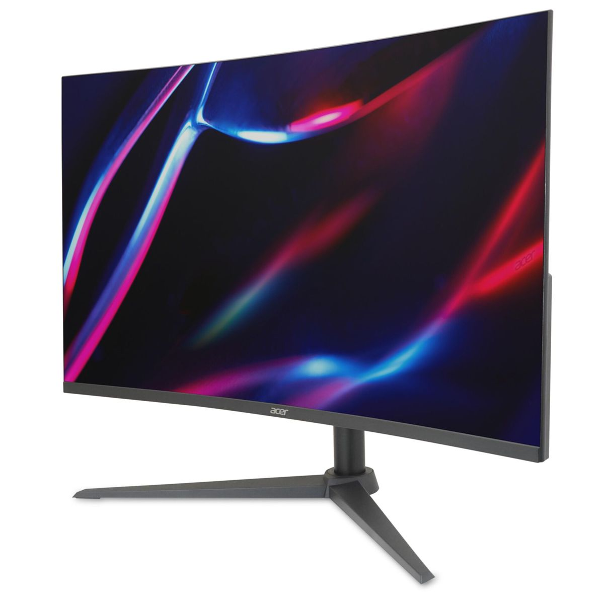 Ein schwarzer Acer-Monitor auf einem Dreibeinständer zeigt ein abstraktes rot-blaues Wellenmuster.